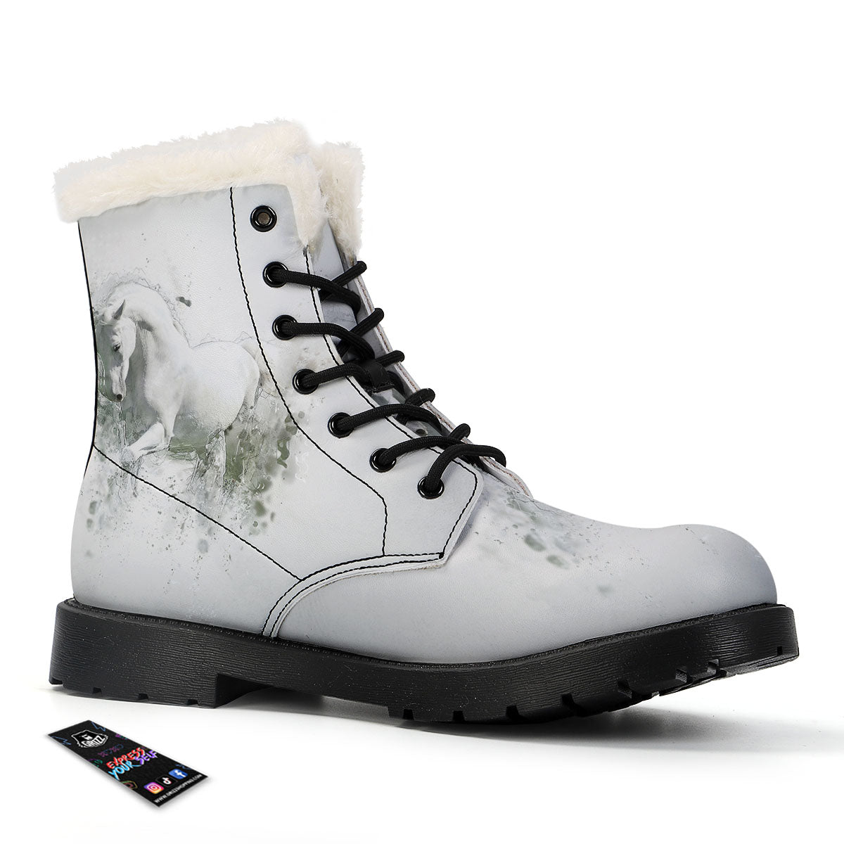 Horse White Stallion Print Winter Boots-grizzshop
