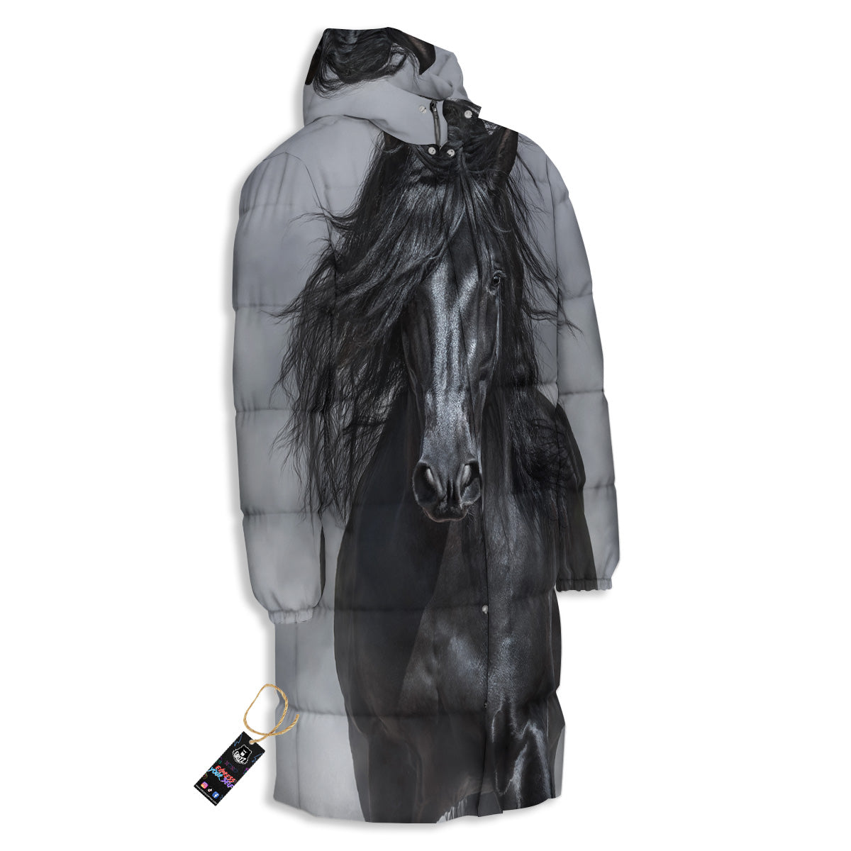 Horse Black Stallion Print Long Down Jacket