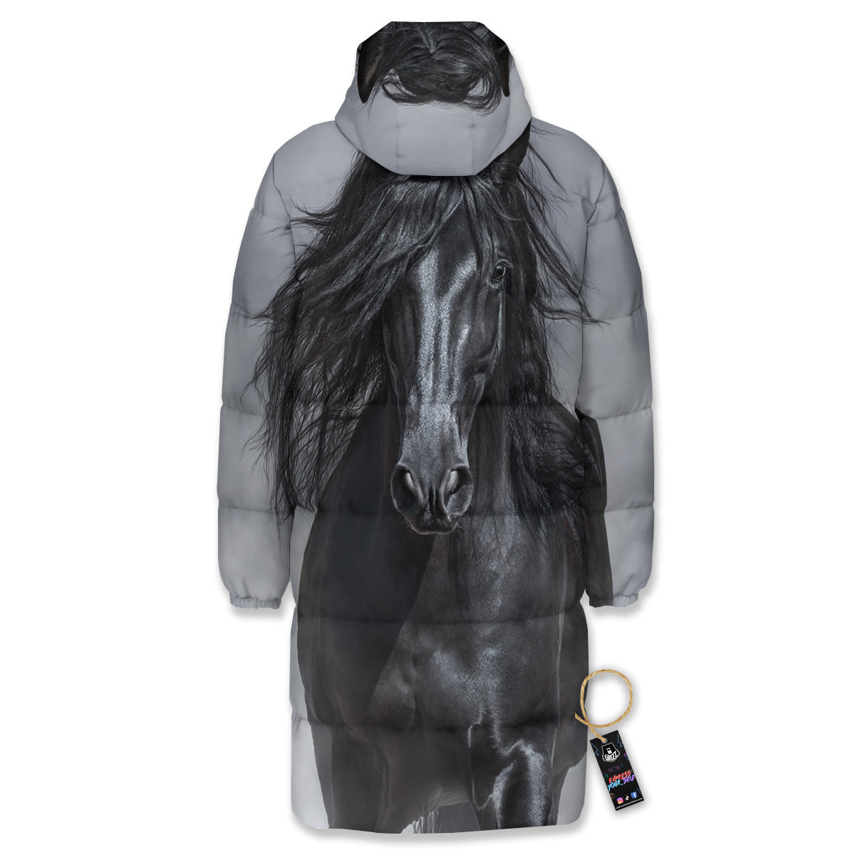 Horse Black Stallion Print Long Down Jacket