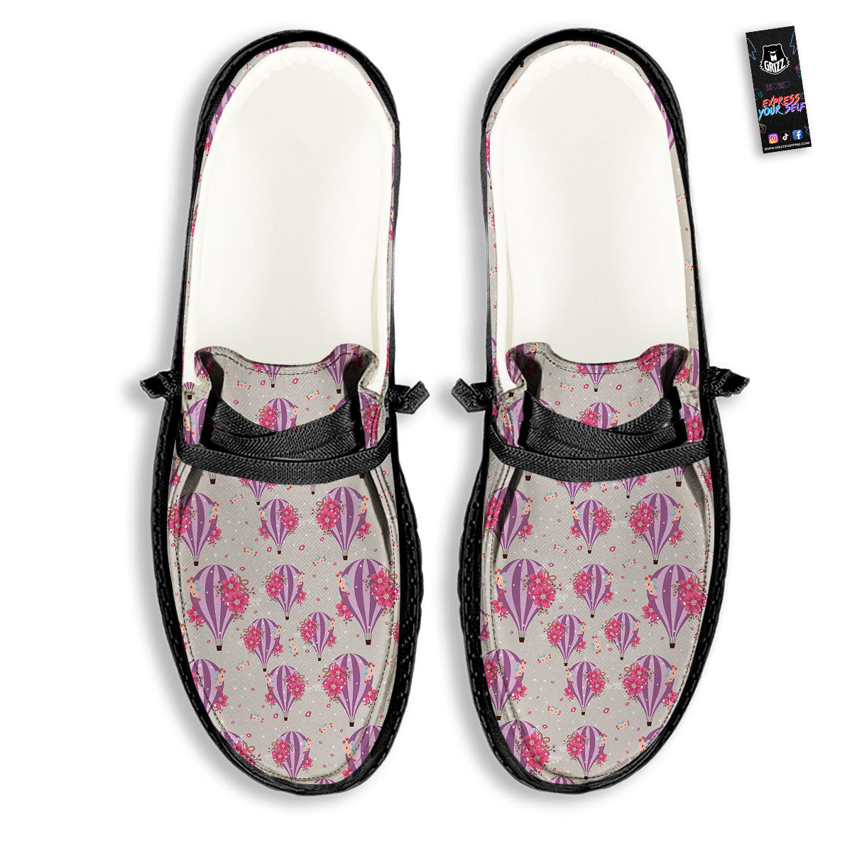 Hot Air Balloon Floral Print Pattern Black Loafers-grizzshop
