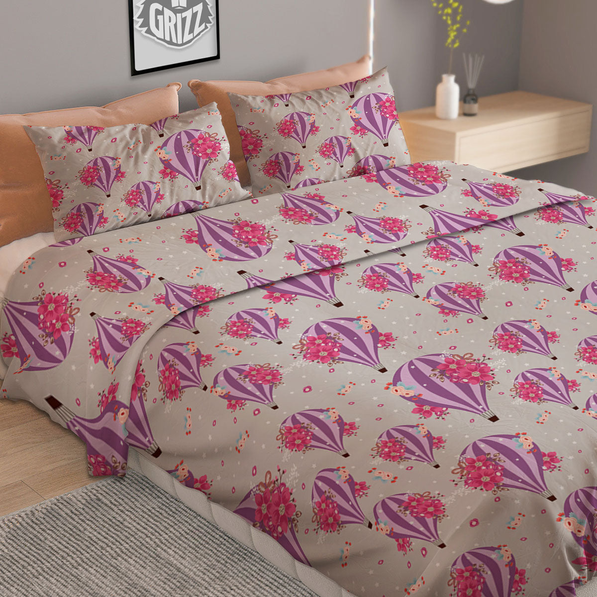 Hot Air Balloon Floral Print Pattern Duvet Cover Bedding Set