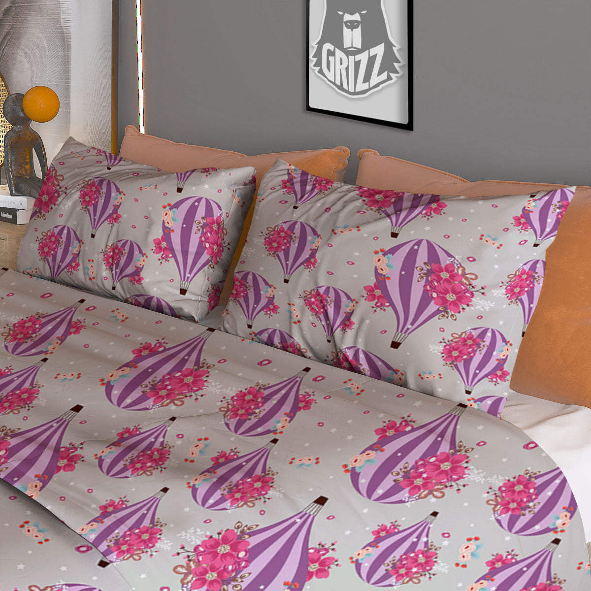 Hot Air Balloon Floral Print Pattern Duvet Cover Bedding Set