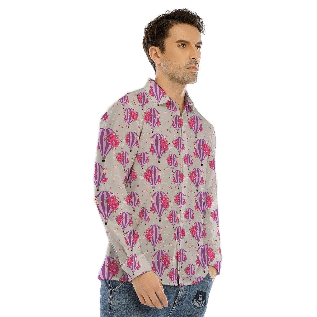 Hot Air Balloon Floral Print Pattern Men's Dress Shirts-grizzshop
