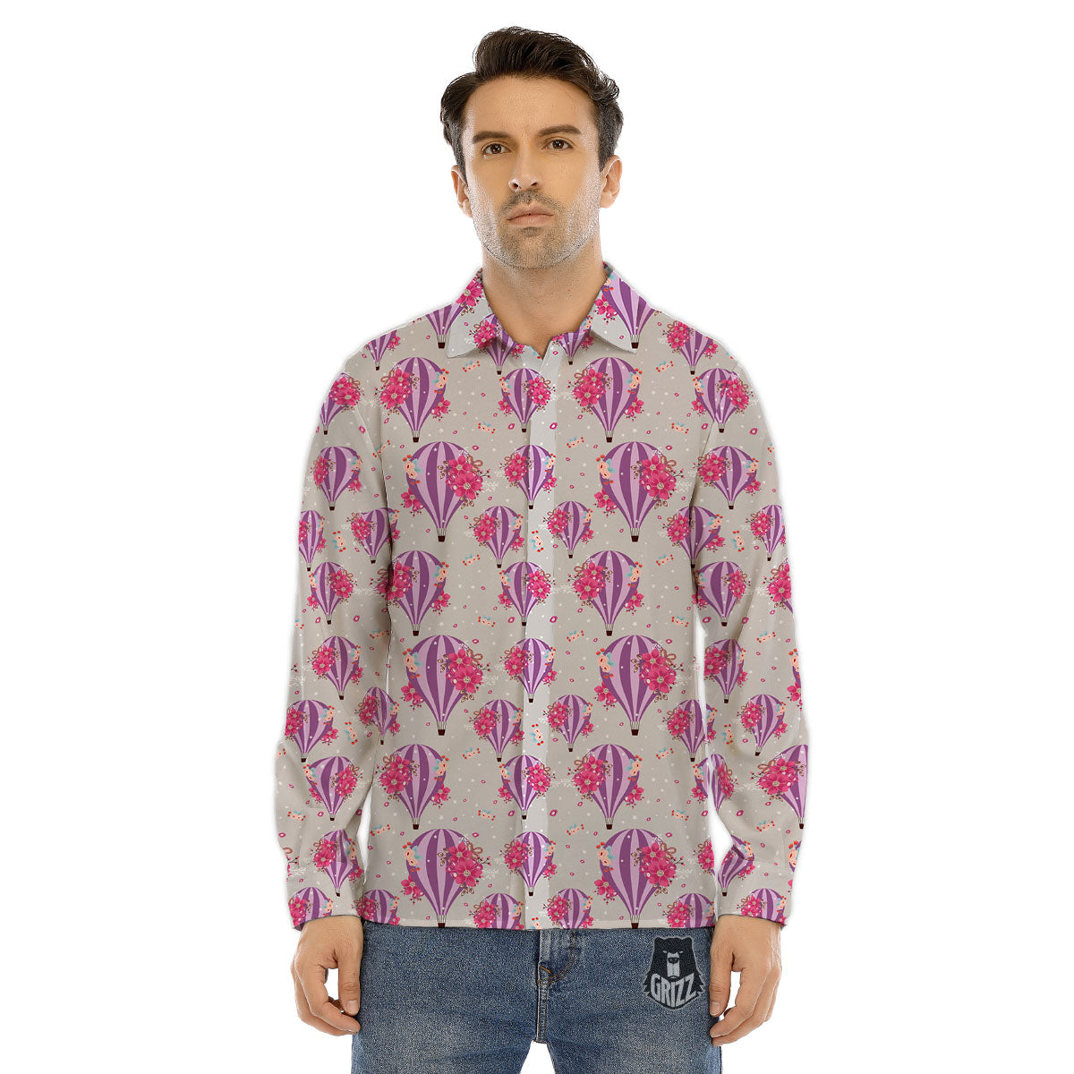 Hot Air Balloon Floral Print Pattern Men's Dress Shirts-grizzshop