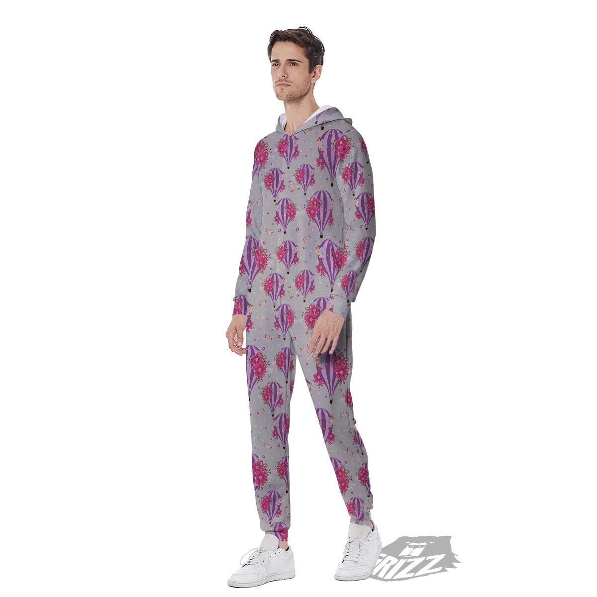 Hot Air Balloon Floral Print Pattern Men's Jumpsuit-grizzshop