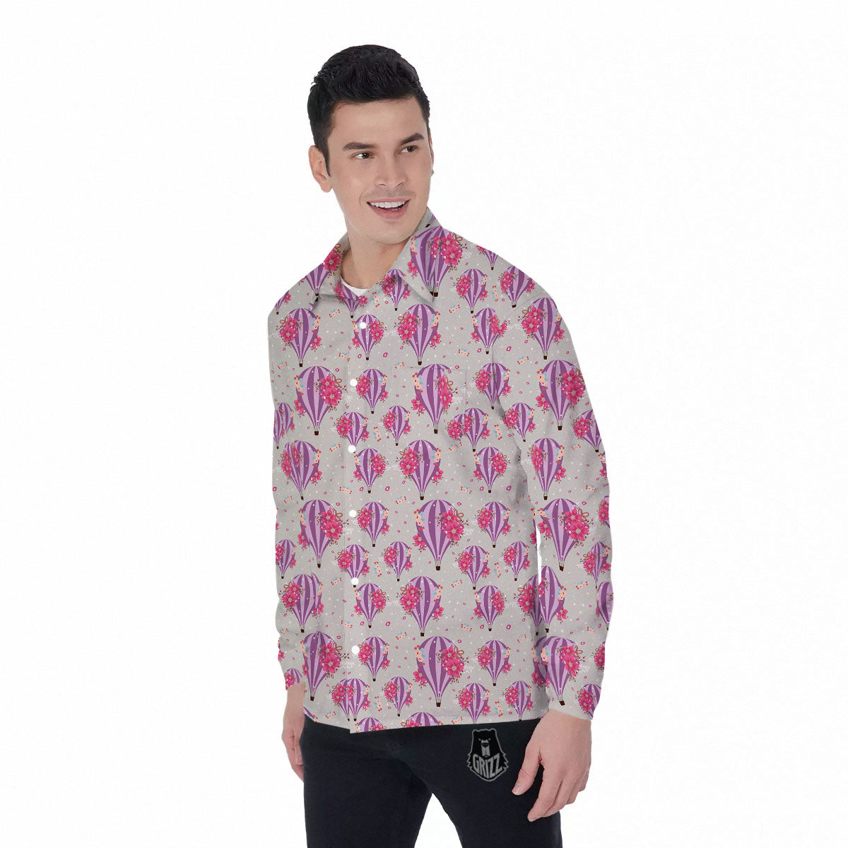 Hot Air Balloon Floral Print Pattern Men's Long Sleeve Shirts-grizzshop