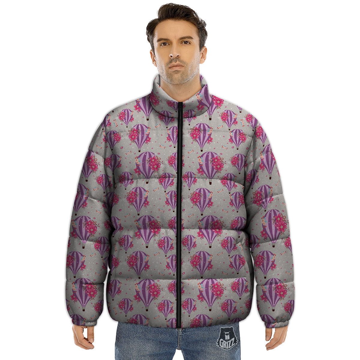 Hot Air Balloon Floral Print Pattern Puffer Jacket-grizzshop