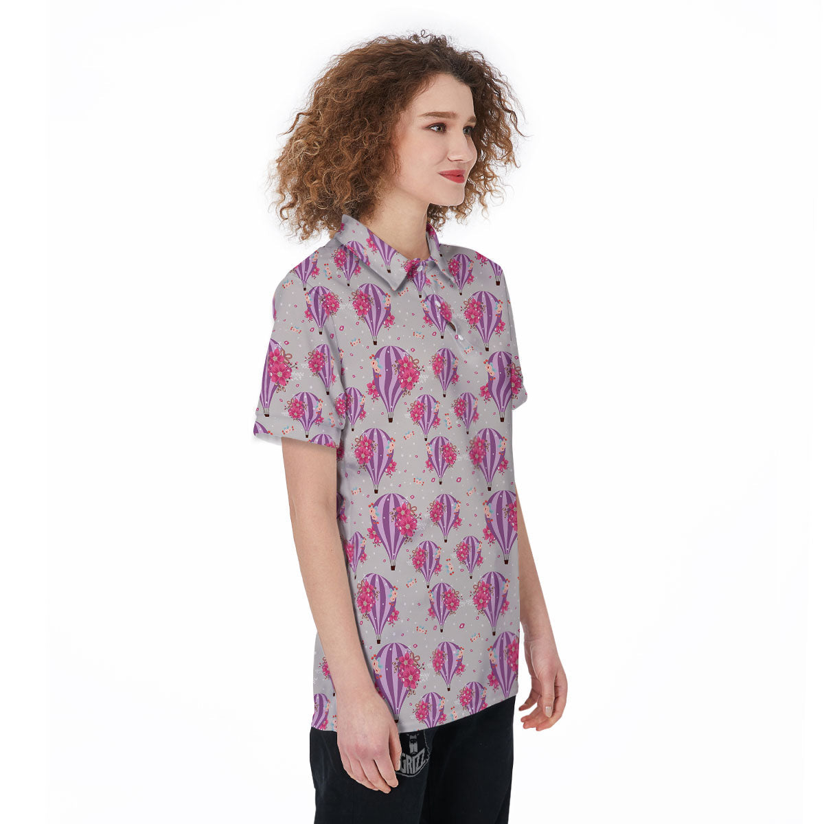 Hot Air Balloon Floral Print Pattern Women's Golf Shirts-grizzshop