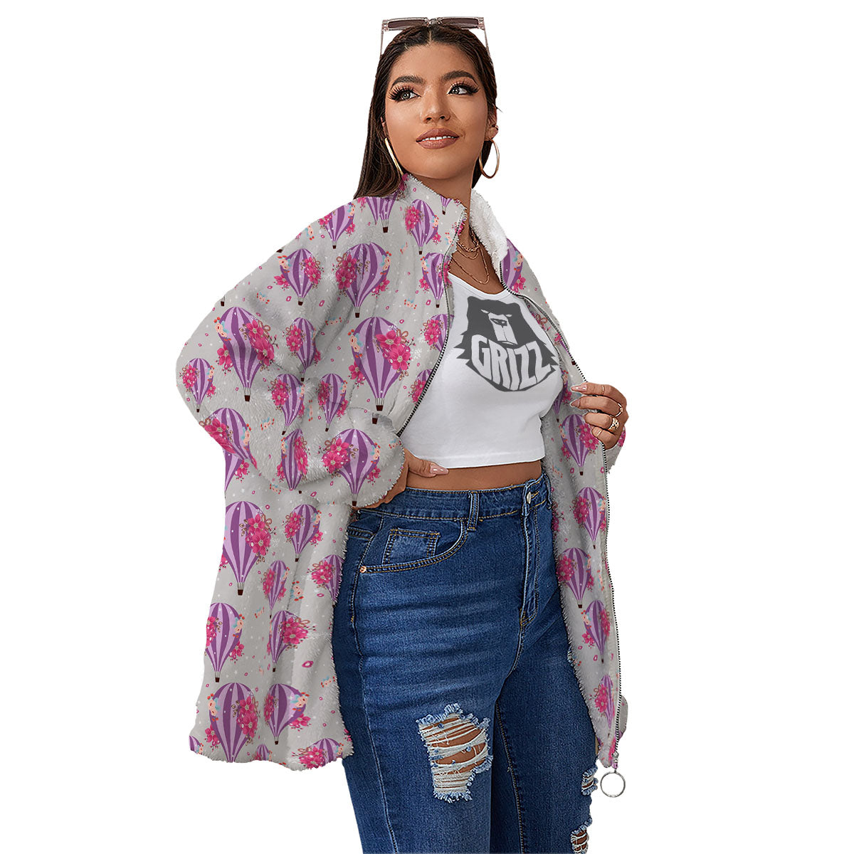 Hot Air Balloon Floral Print Pattern Women's Sherpa Jacket-grizzshop