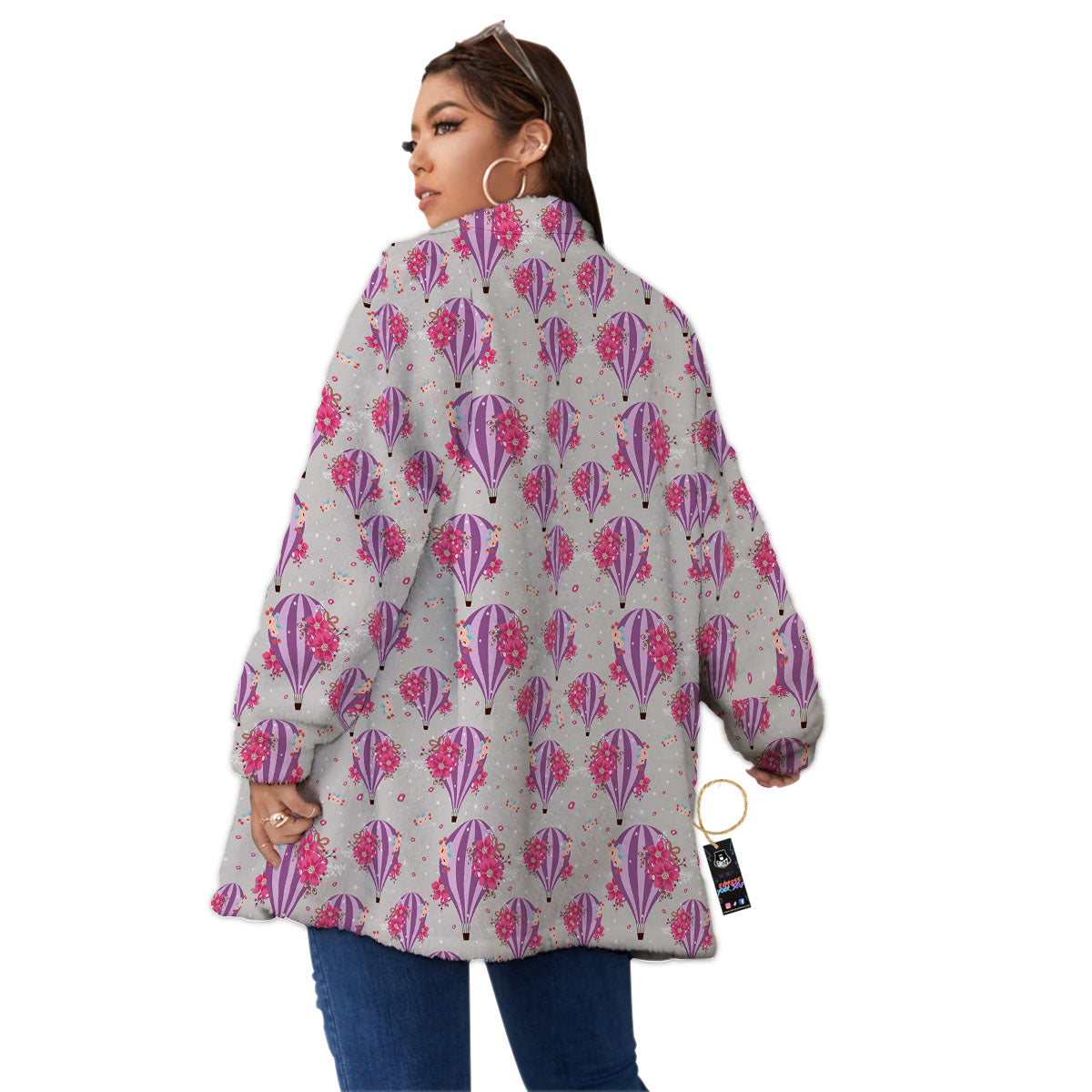 Hot Air Balloon Floral Print Pattern Women's Sherpa Jacket-grizzshop