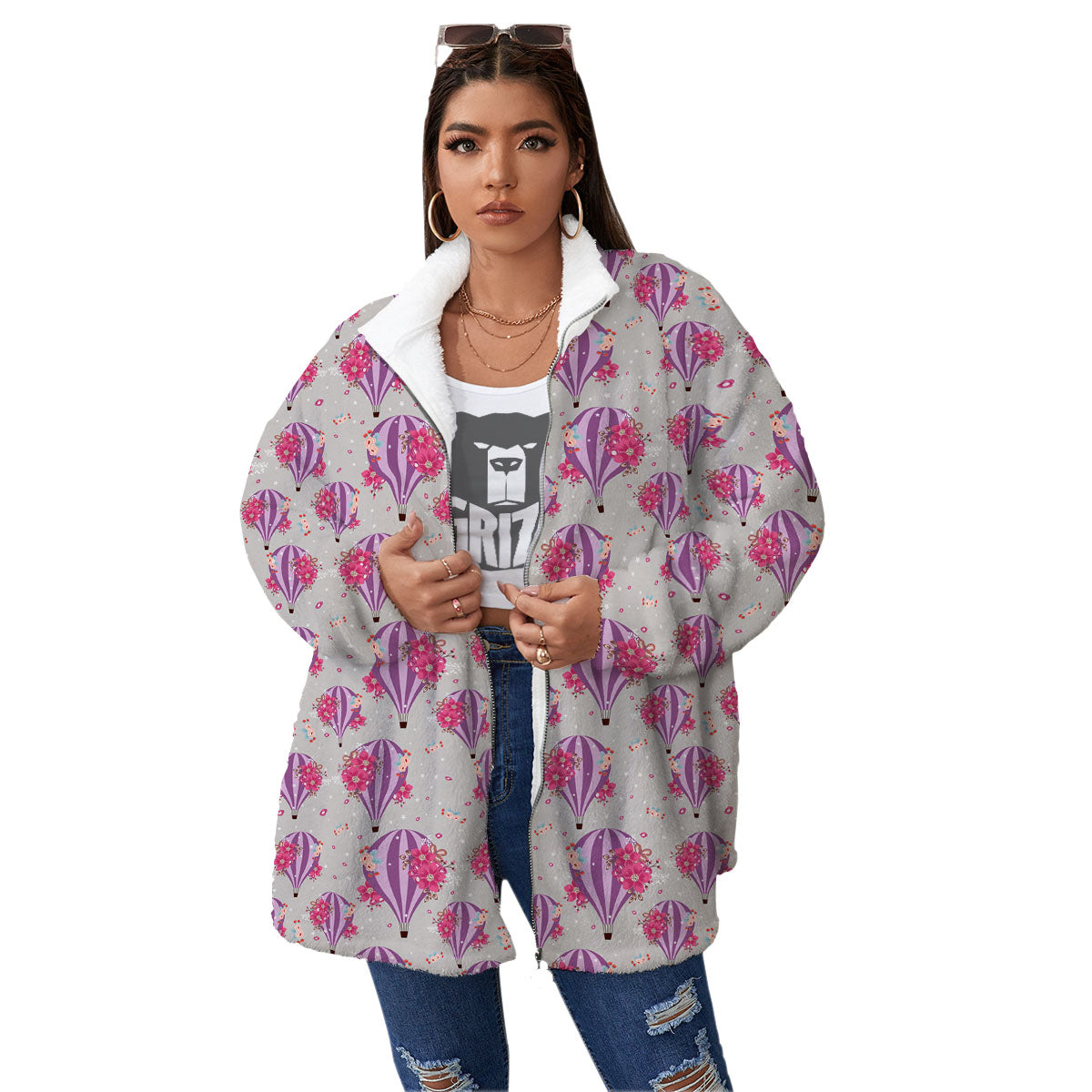 Hot Air Balloon Floral Print Pattern Women's Sherpa Jacket-grizzshop