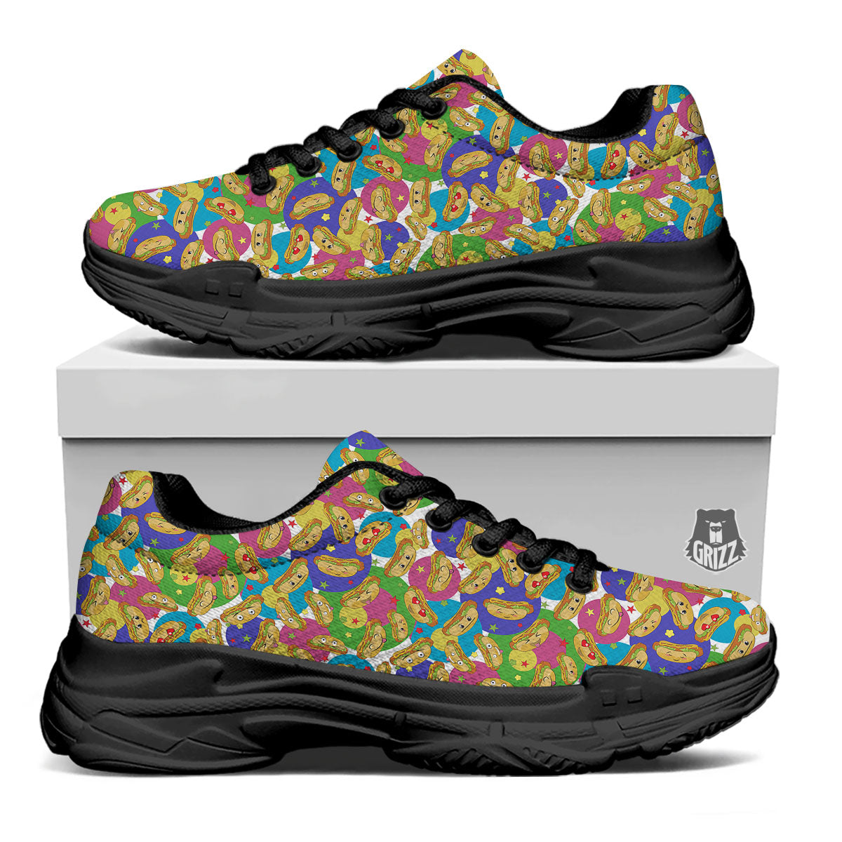 Hot Dog Colorful Print Pattern Black Chunky Shoes-grizzshop