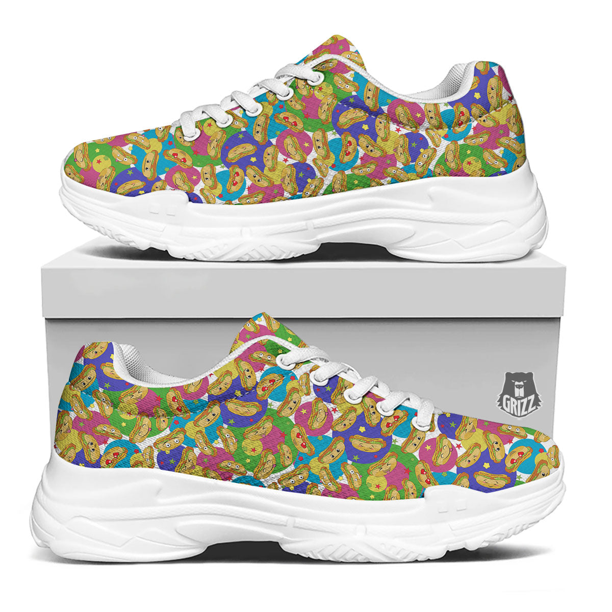 Hot Dog Colorful Print Pattern White Chunky Shoes-grizzshop