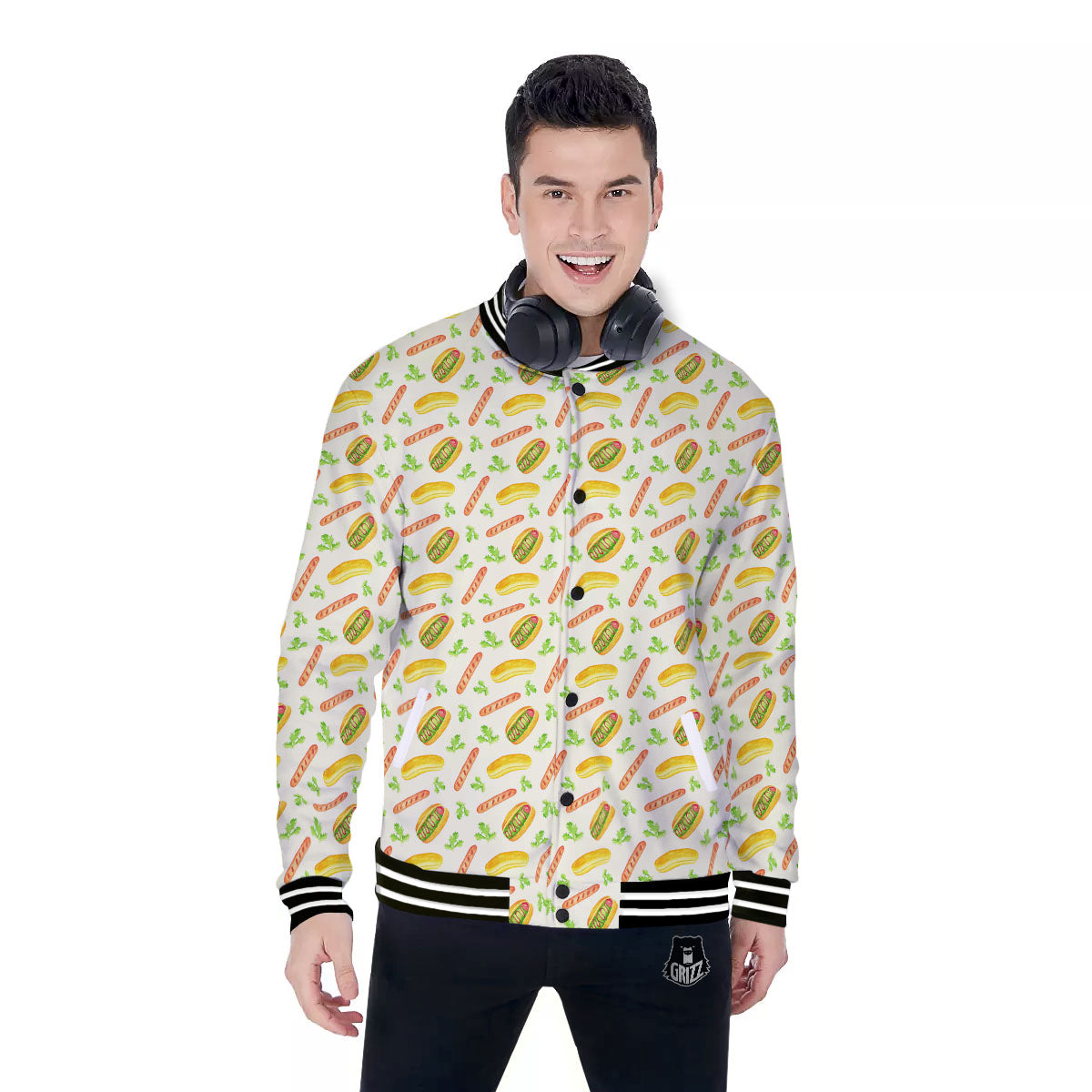 Hot Dog Drawing Print Pattern Baseball Jacket-grizzshop