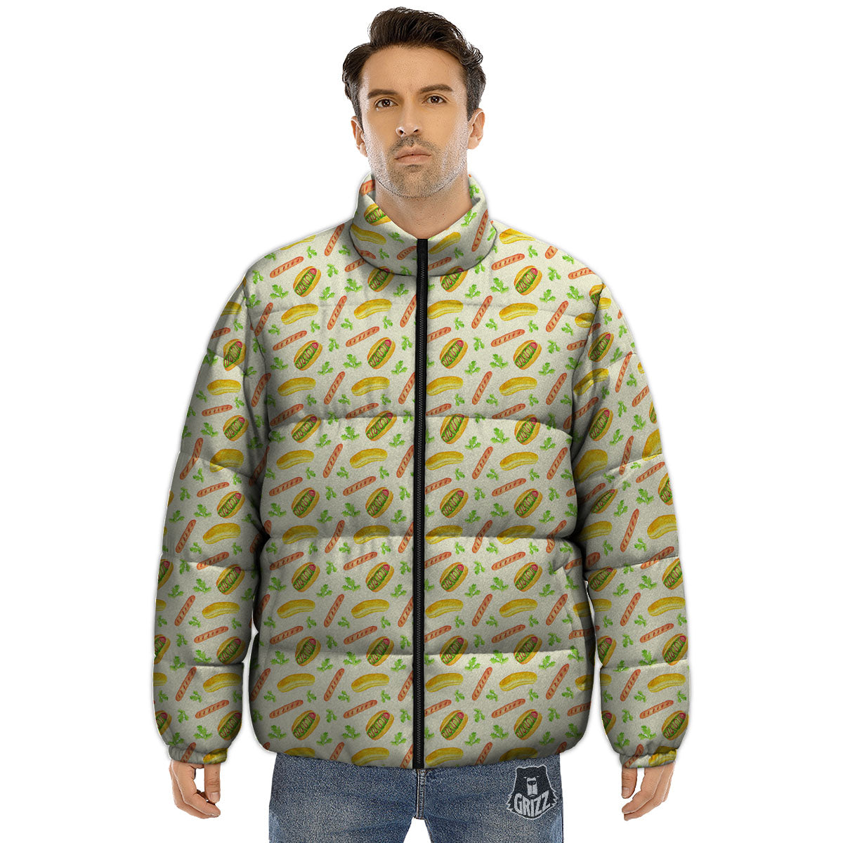 Hot Dog Drawing Print Pattern Puffer Jacket-grizzshop