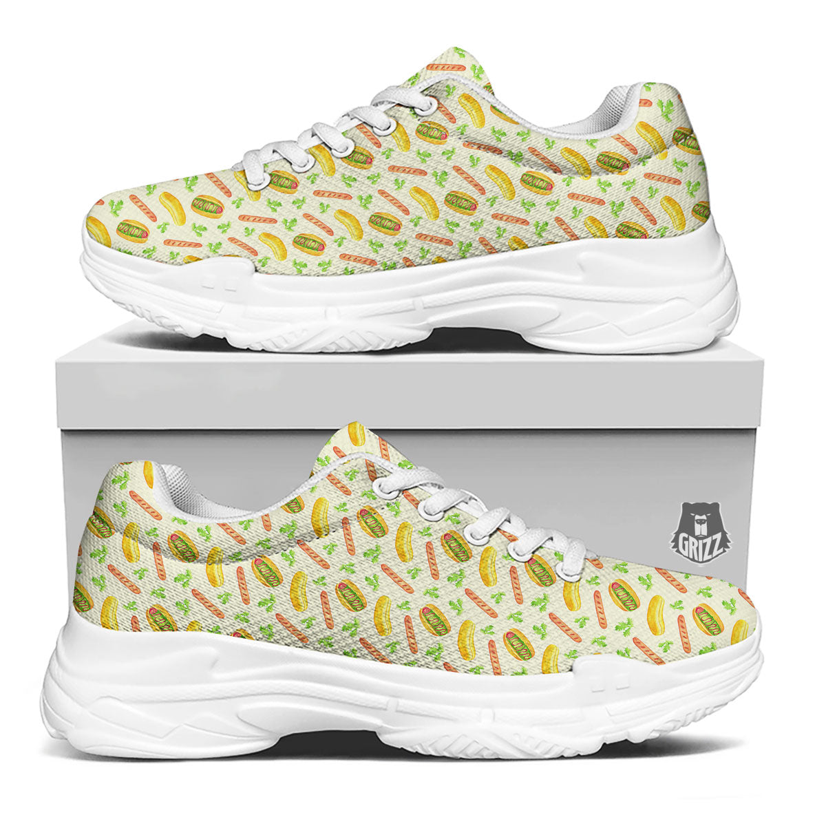 Hot Dog Drawing Print Pattern White Chunky Shoes-grizzshop