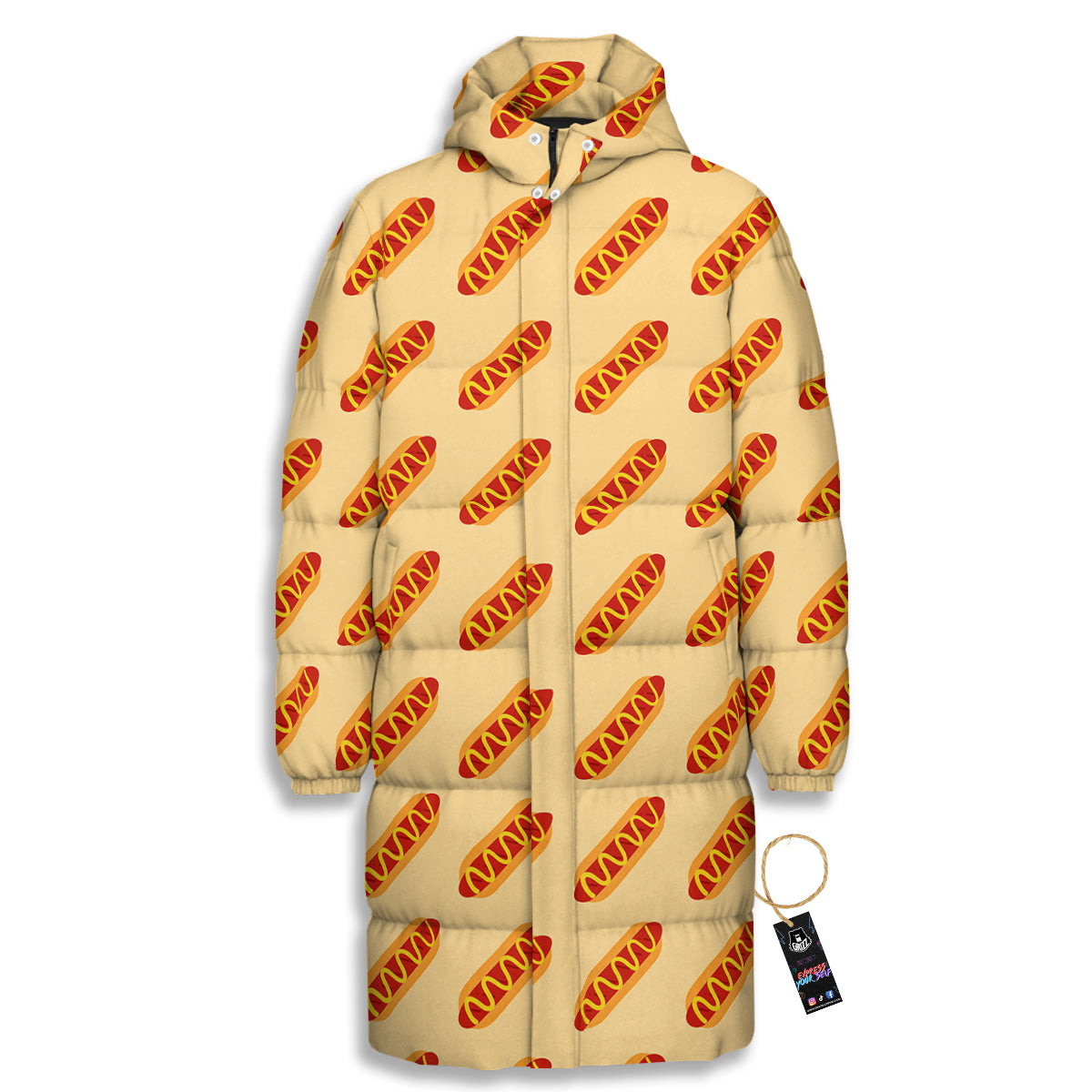 Hot Dog Yellow Print Pattern Long Down Jacket-grizzshop