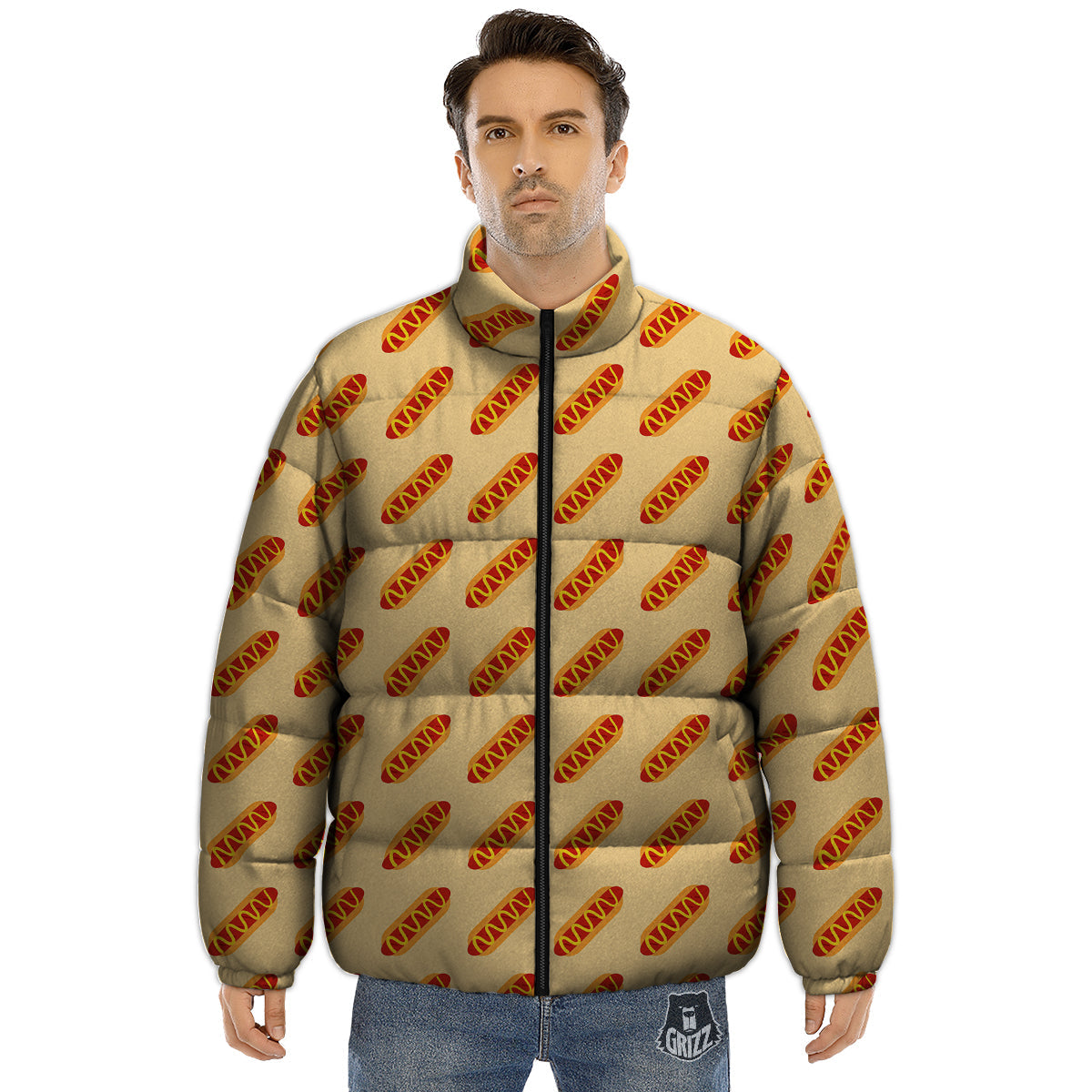 Hot Dog Yellow Print Pattern Puffer Jacket-grizzshop