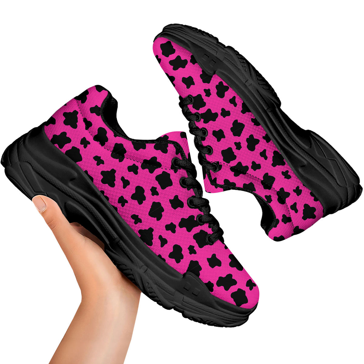 Hot Pink And Black Cow Print Black Chunky Shoes-grizzshop