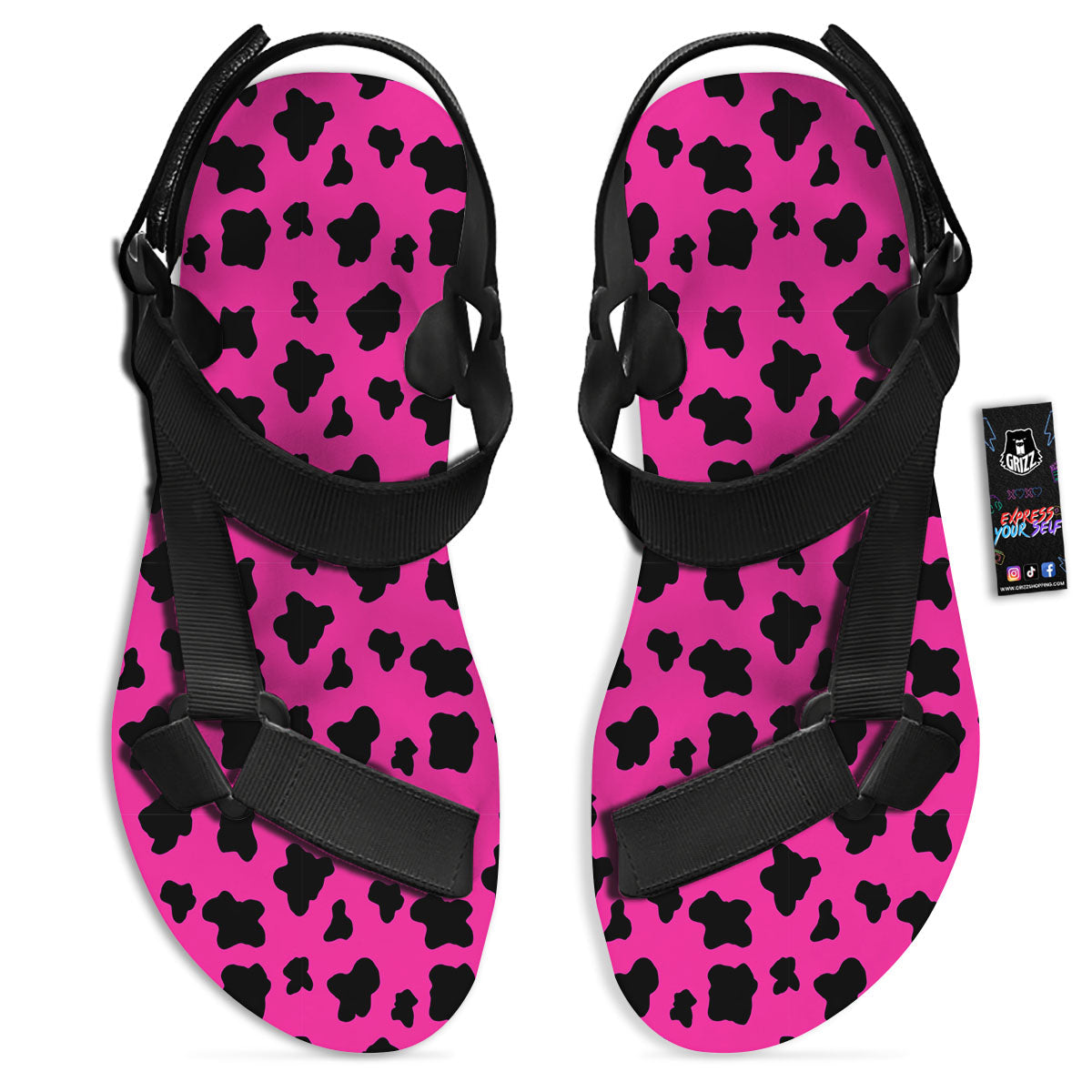 Hot Pink And Black Cow Print Black Open Toe Sandals-grizzshop