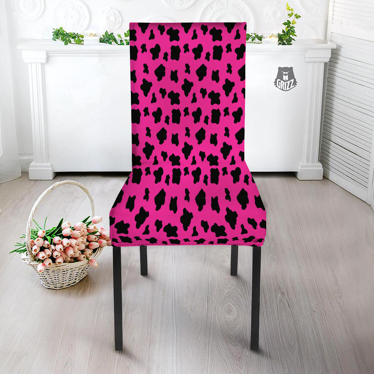 Hot Pink And Black Cow Print Dining Chair Slipcover-grizzshop