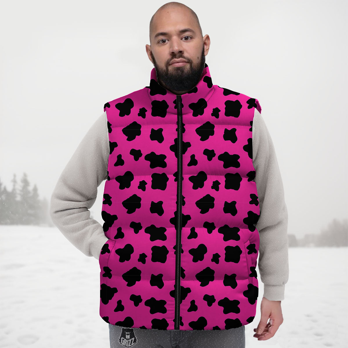 Hot Pink And Black Cow Print Down Vest