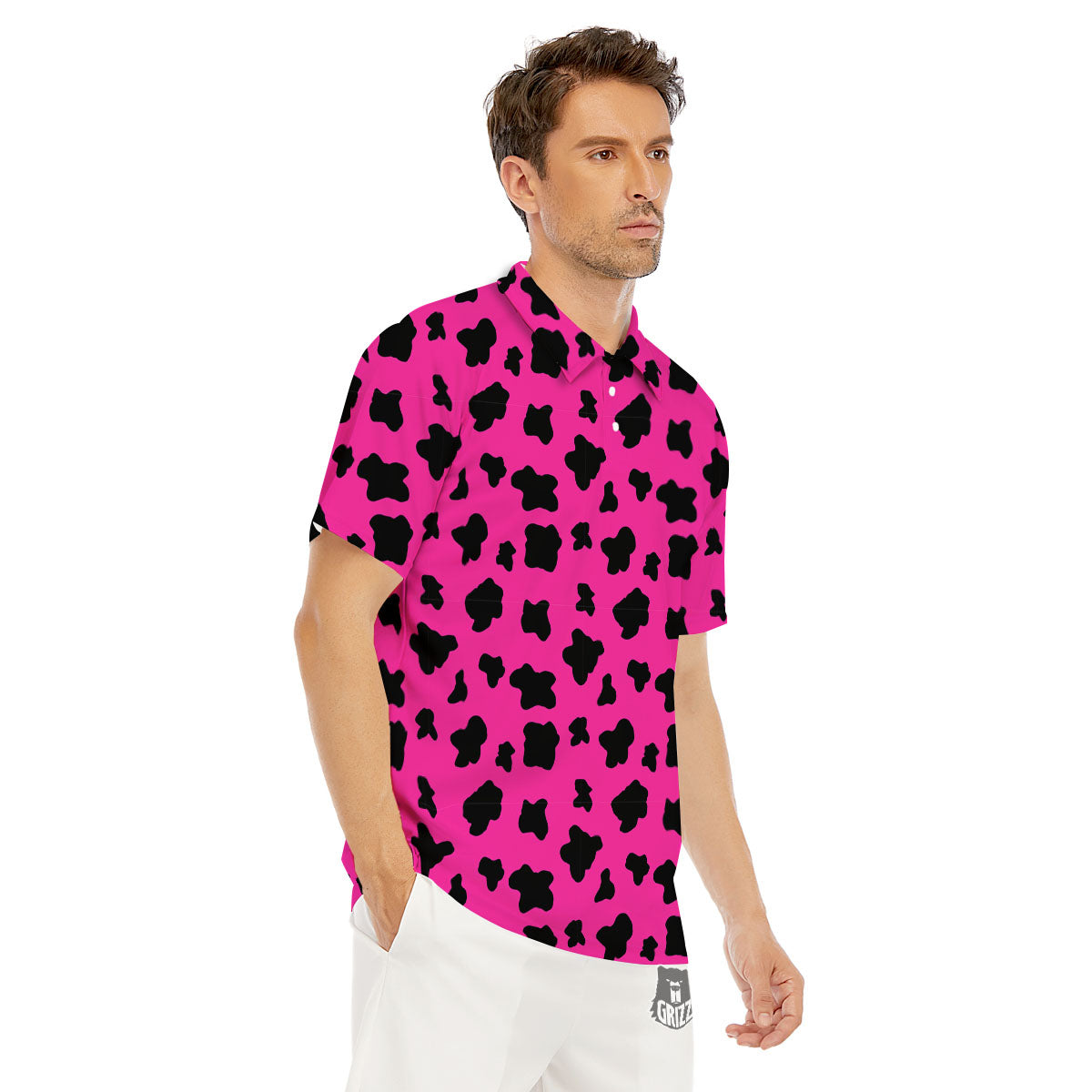 Hot Pink And Black Cow Print Men's Golf Shirts-grizzshop