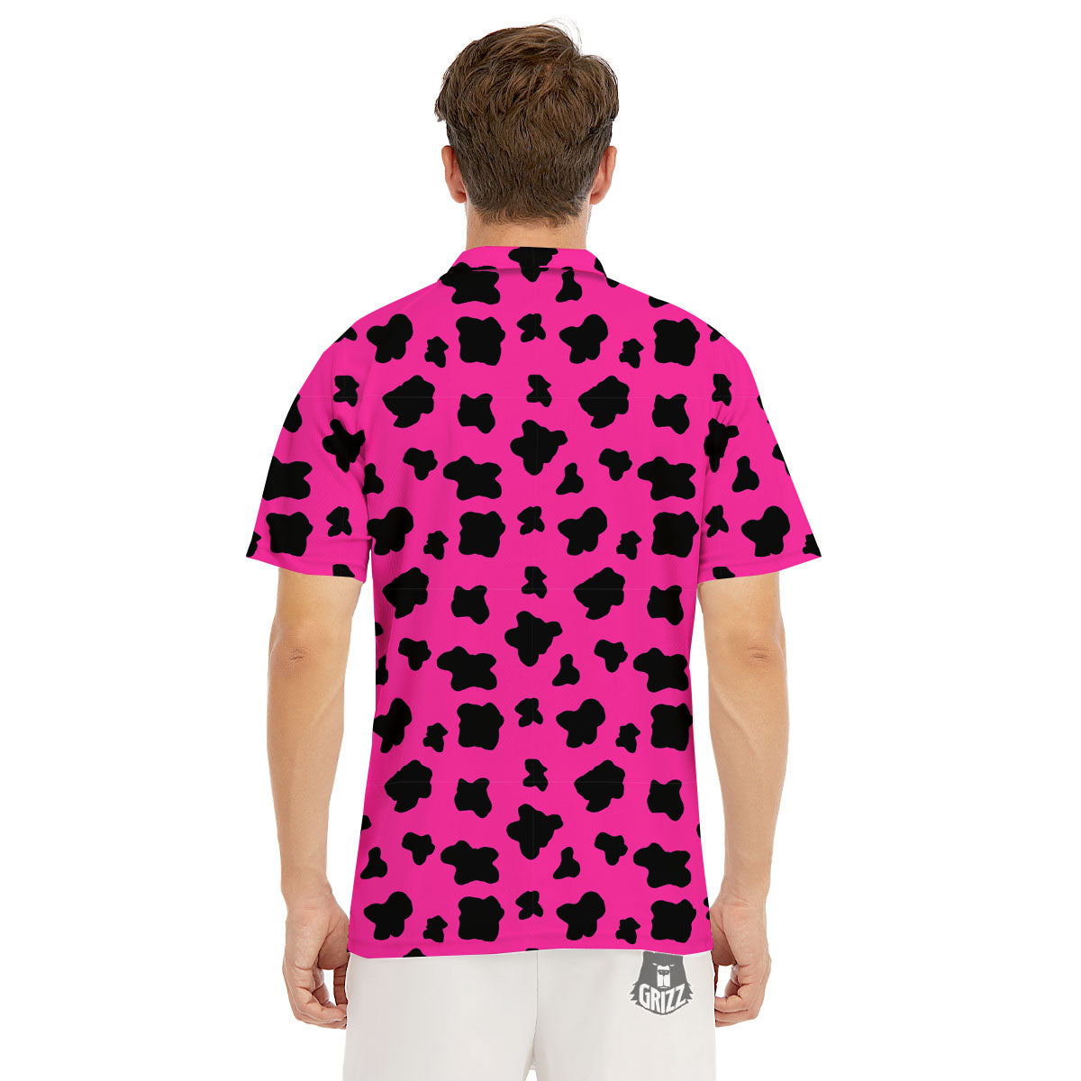 Hot Pink And Black Cow Print Men's Golf Shirts-grizzshop
