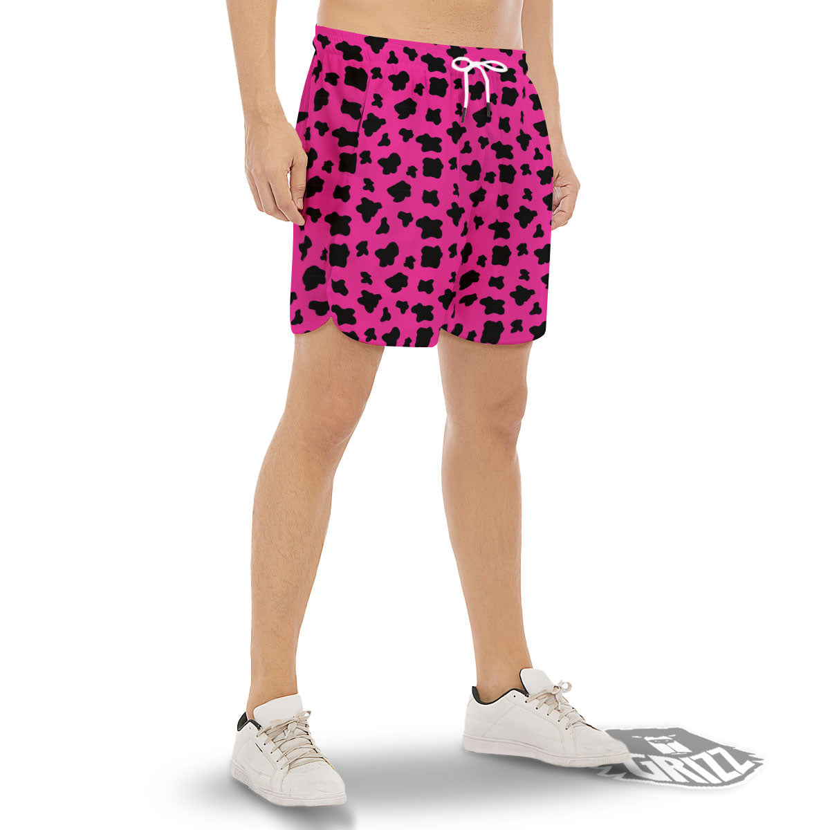 Hot Pink And Black Cow Print Men's Gym Shorts-grizzshop