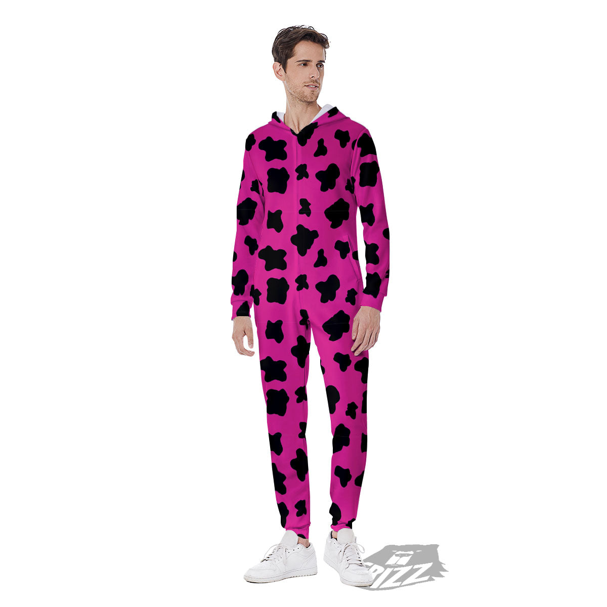 Hot Pink And Black Cow Print Men's Jumpsuit-grizzshop