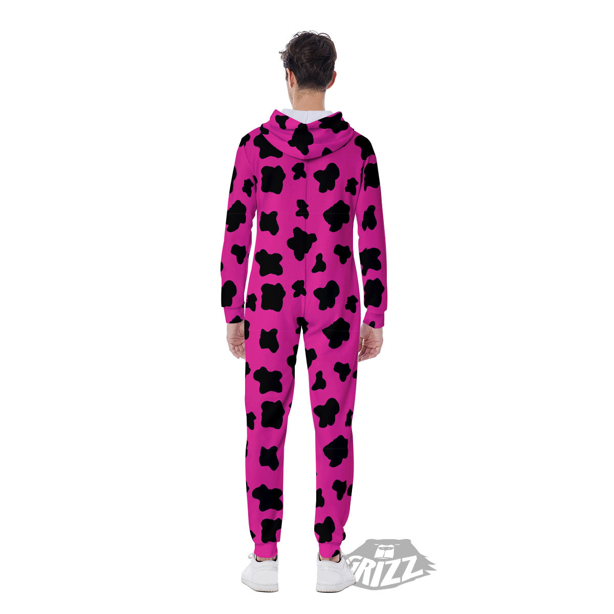 Hot Pink And Black Cow Print Men's Jumpsuit-grizzshop