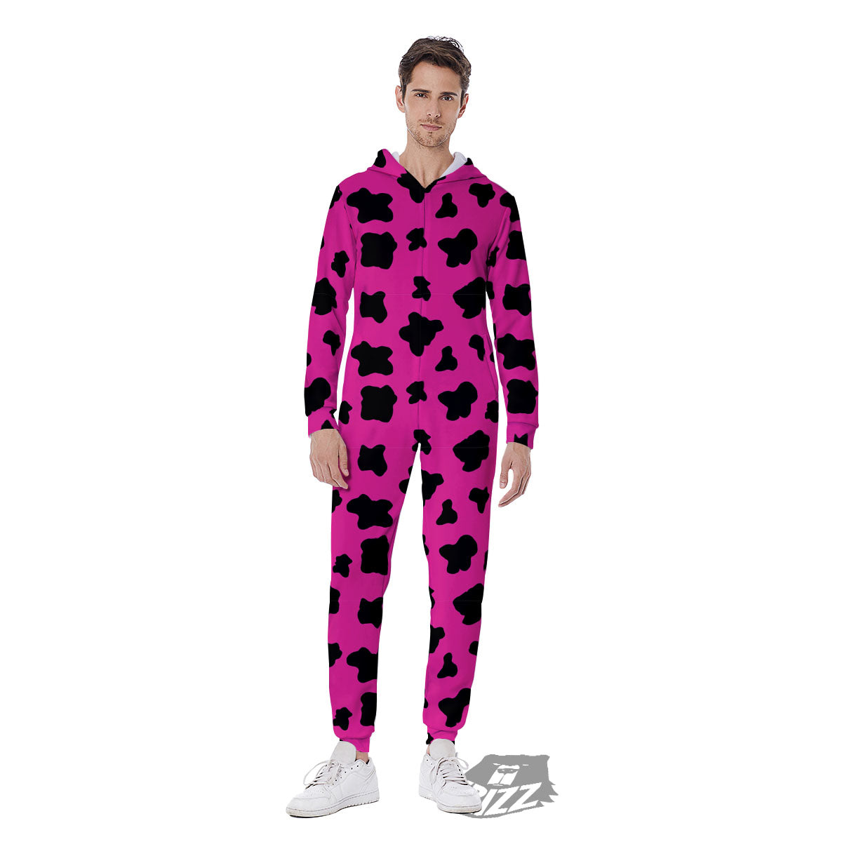 Hot Pink And Black Cow Print Men's Jumpsuit-grizzshop