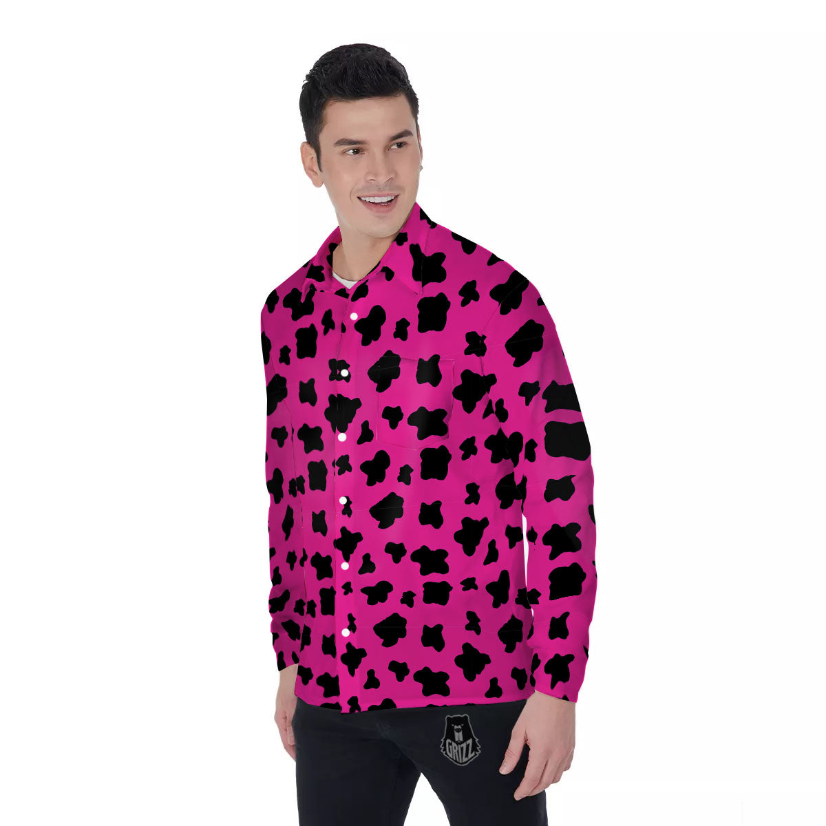 Hot Pink And Black Cow Print Men's Long Sleeve Shirts-grizzshop