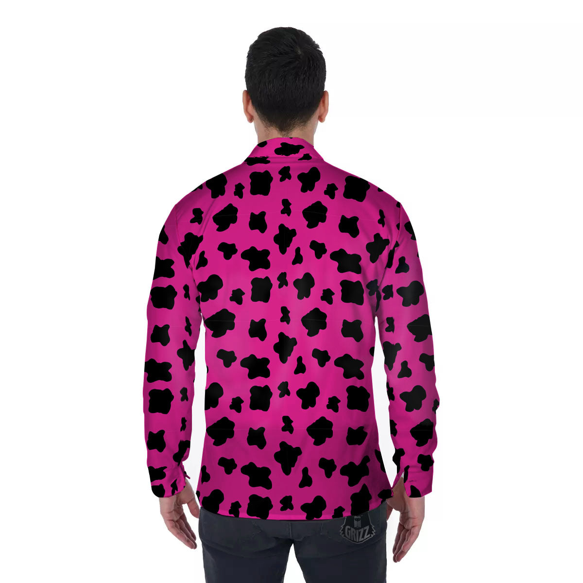 Hot Pink And Black Cow Print Men's Long Sleeve Shirts-grizzshop