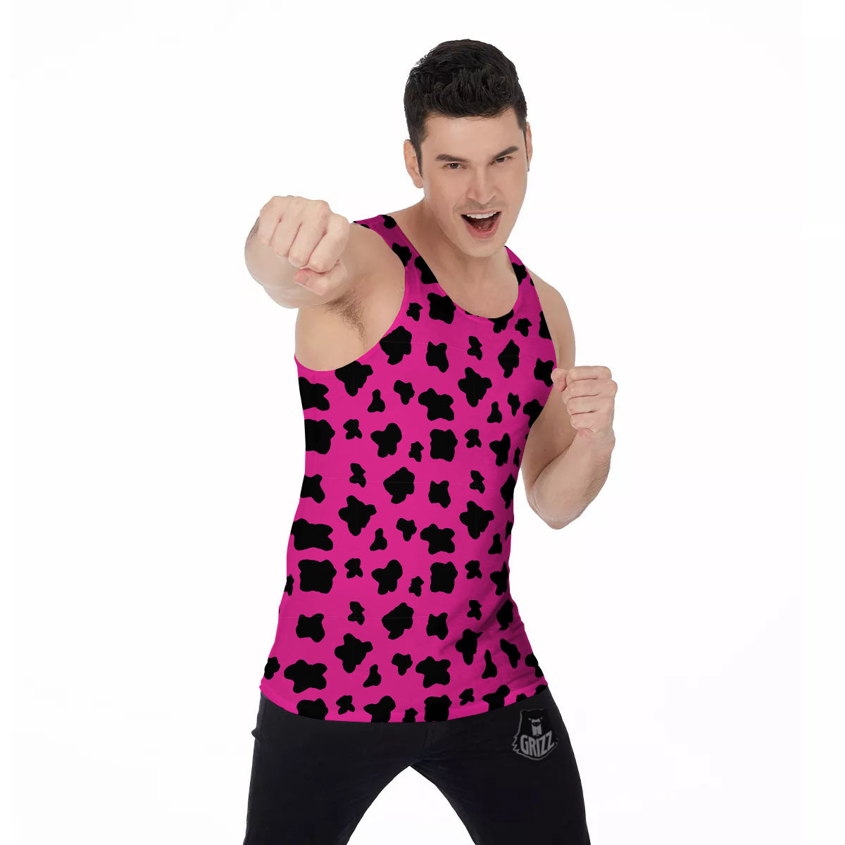 Hot Pink And Black Cow Print Men's Tank Top-grizzshop