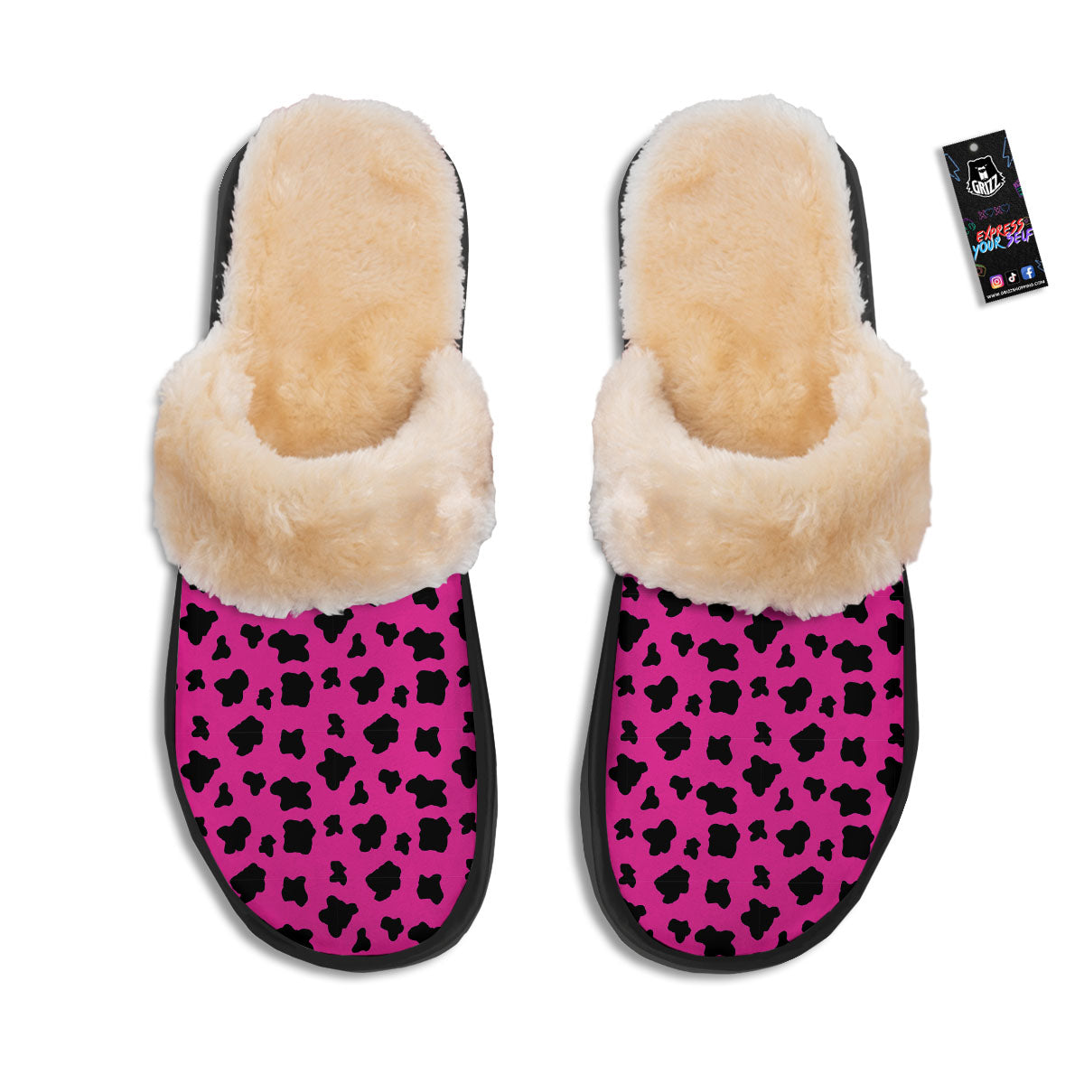 Hot Pink And Black Cow Print Slippers-grizzshop