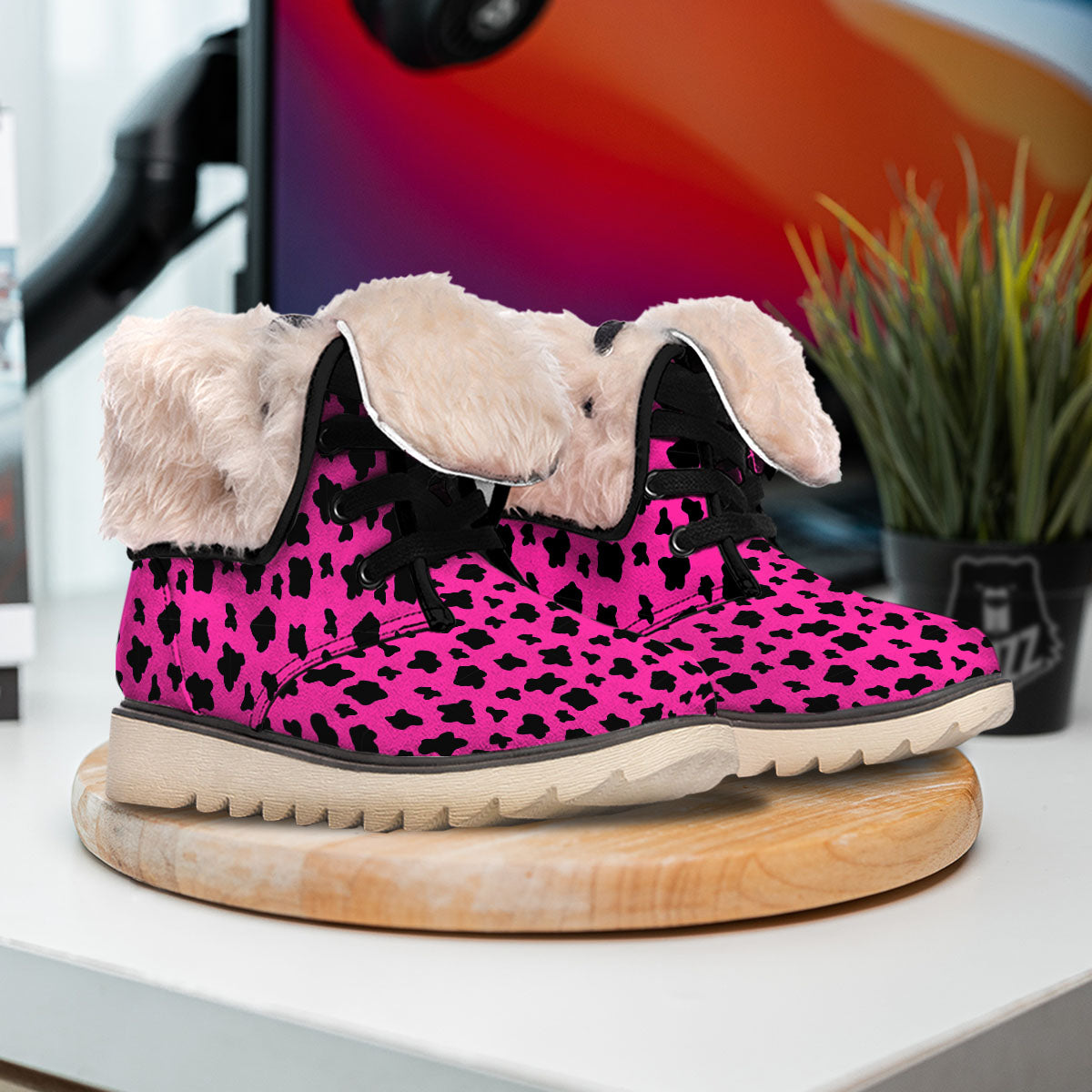 Hot Pink And Black Cow Print Snow Boots-grizzshop