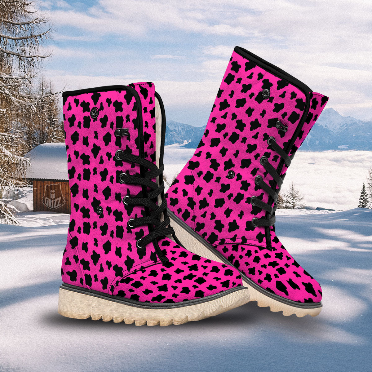 Hot Pink And Black Cow Print Snow Boots-grizzshop