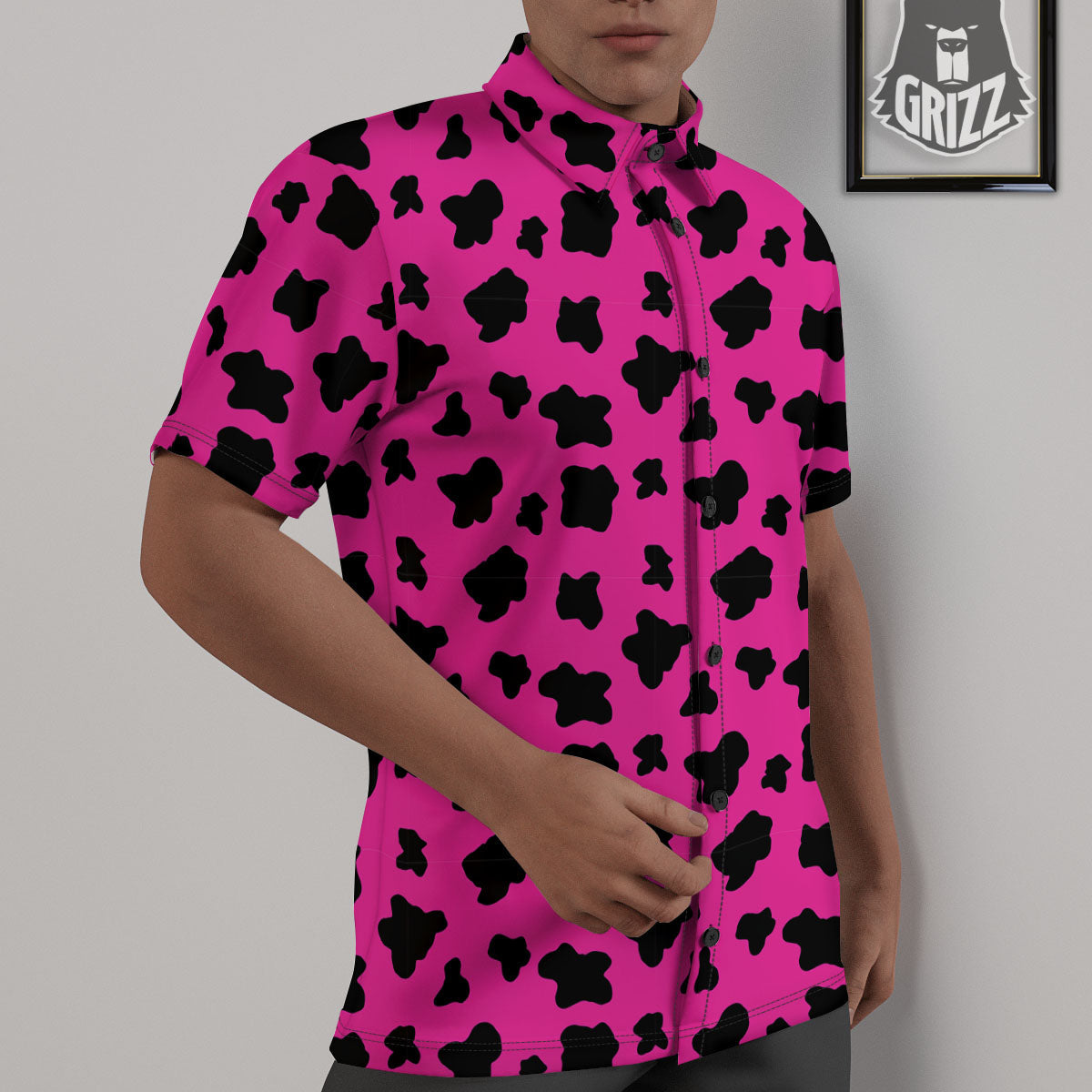 Hot Pink And Black Cow Print Untucked Shirts-grizzshop