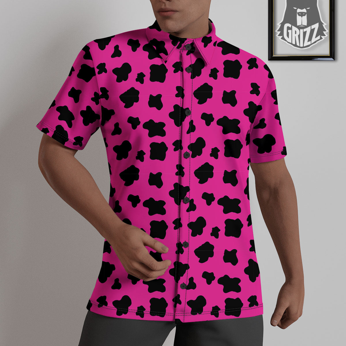 Hot Pink And Black Cow Print Untucked Shirts-grizzshop