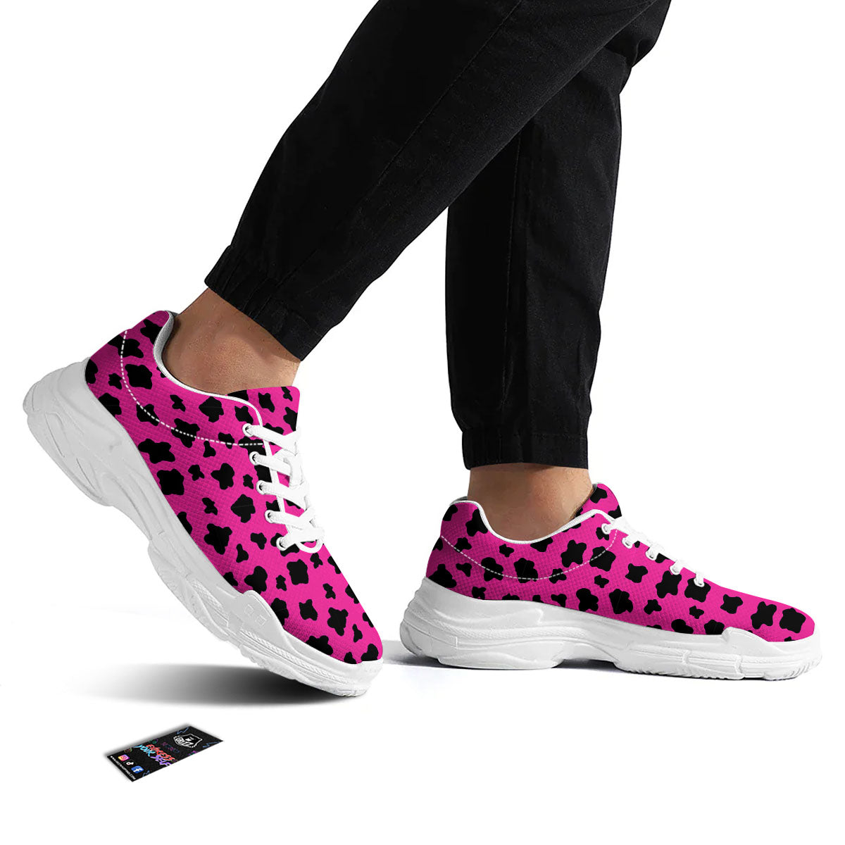 Hot Pink And Black Cow Print White Chunky Shoes-grizzshop