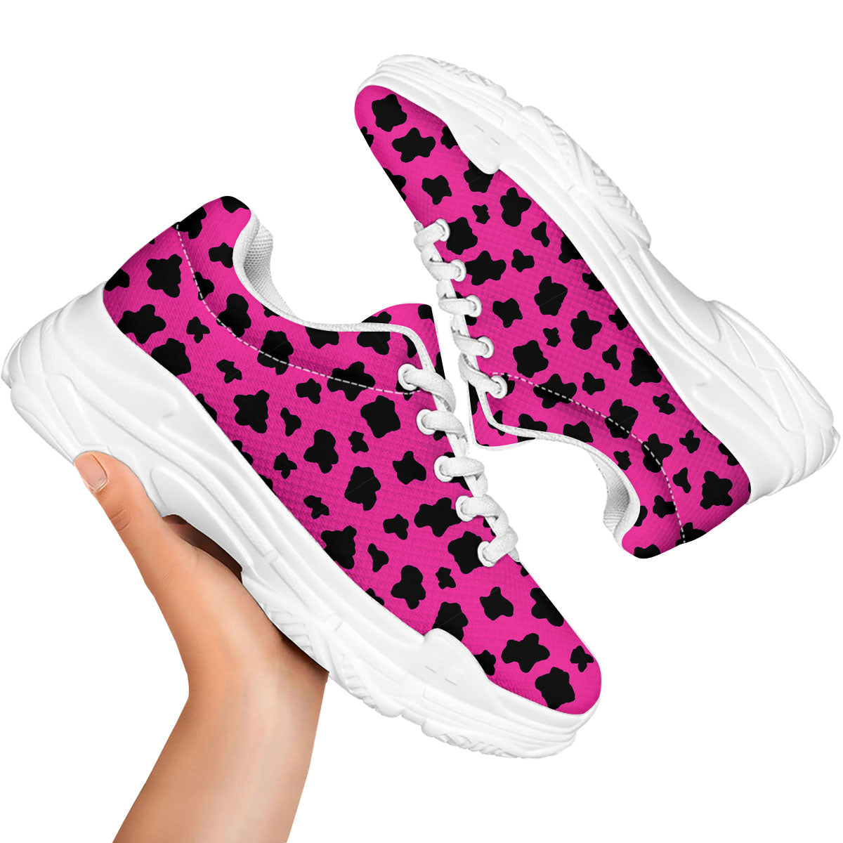 Hot Pink And Black Cow Print White Chunky Shoes-grizzshop