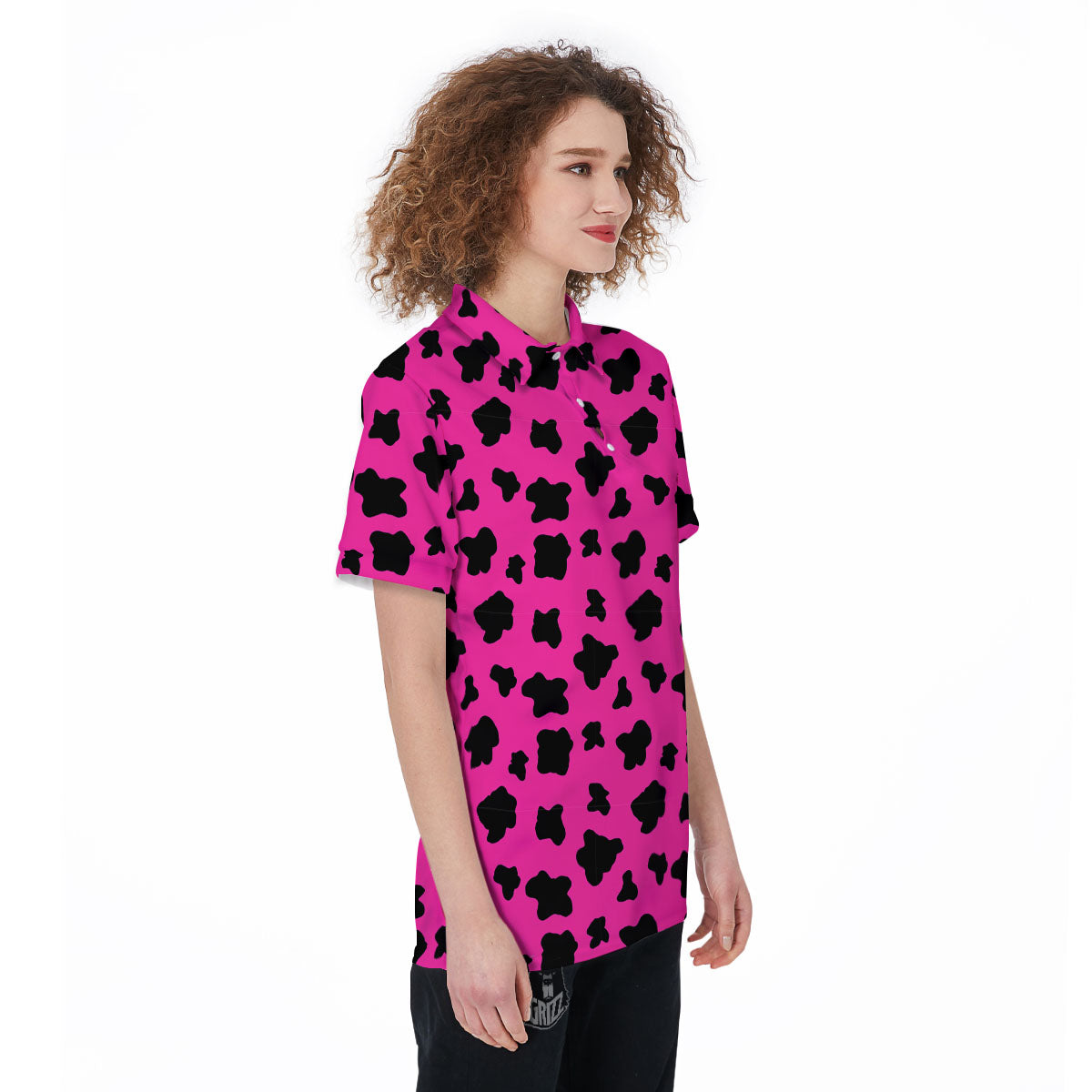 Hot Pink And Black Cow Print Women's Golf Shirts-grizzshop