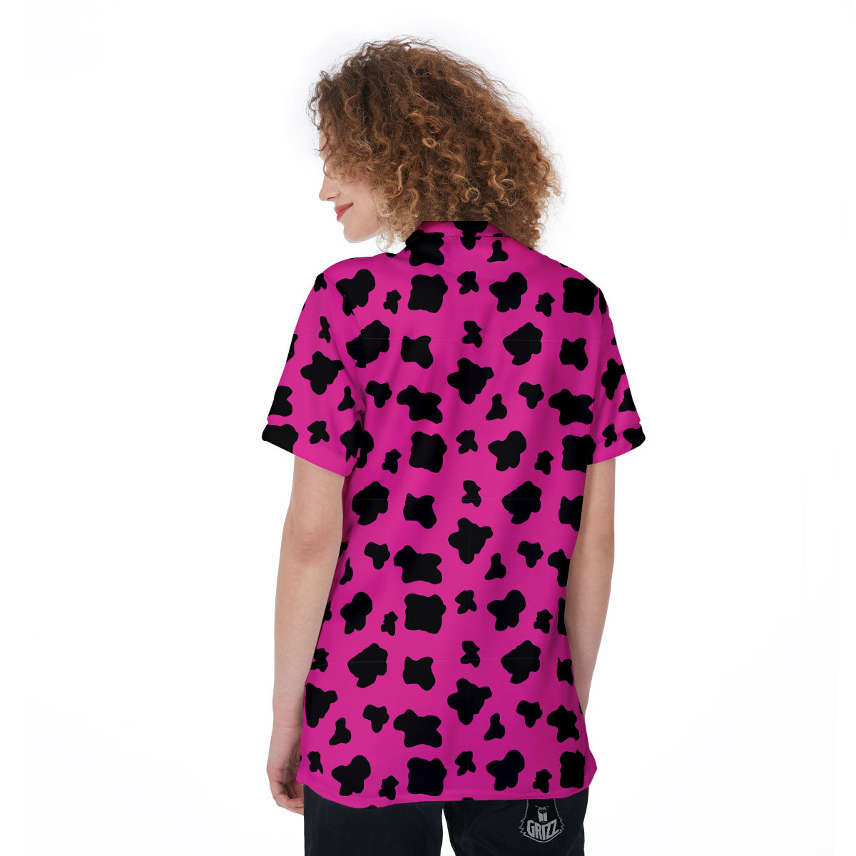 Hot Pink And Black Cow Print Women's Golf Shirts-grizzshop