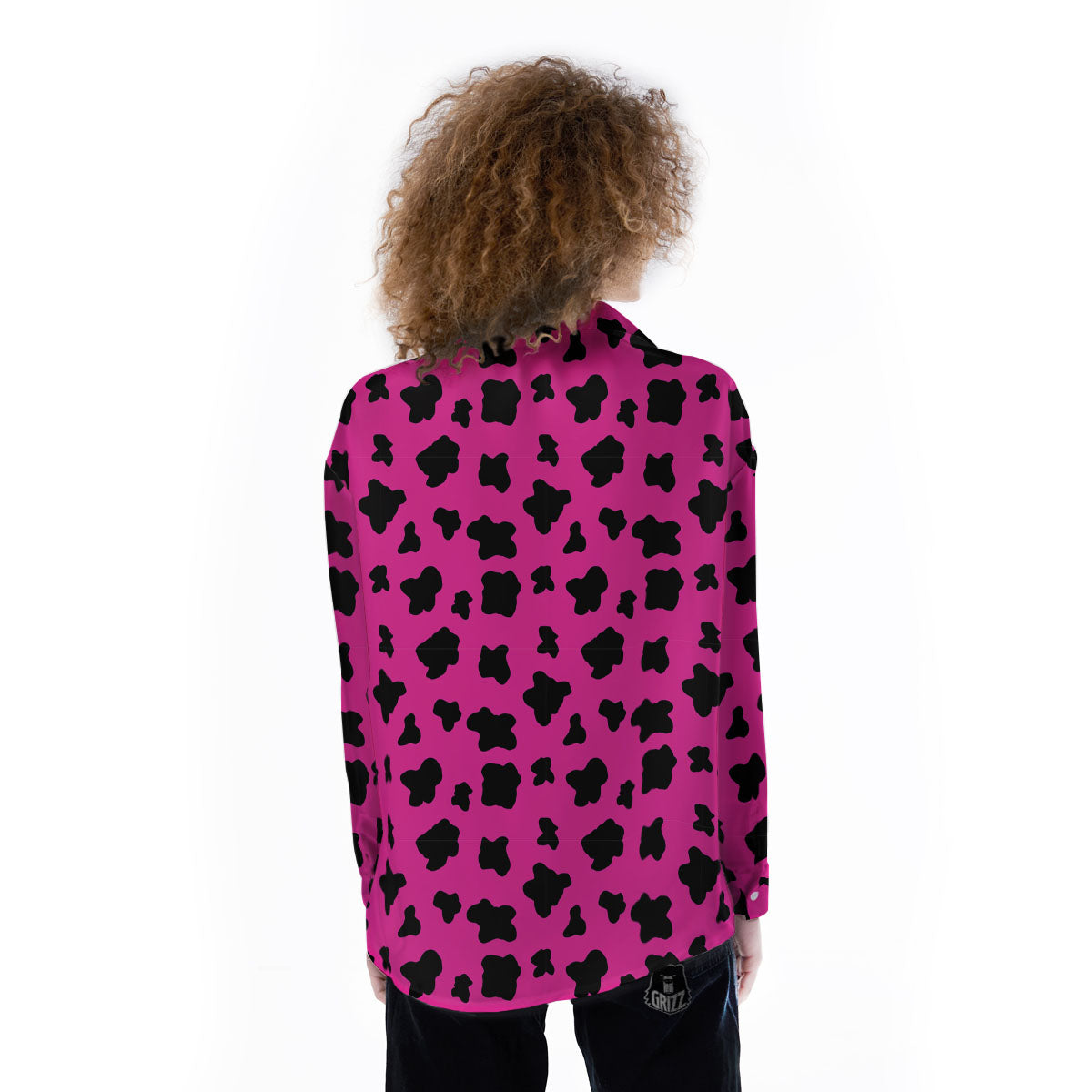 Hot Pink And Black Cow Print Women's Long Sleeve Shirts-grizzshop