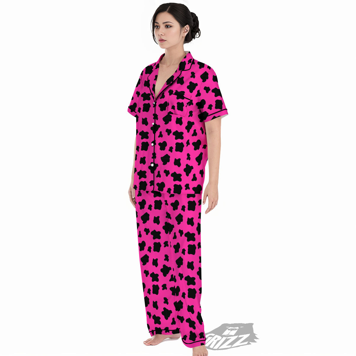 Hot Pink And Black Cow Print Women's Pajamas Set-grizzshop
