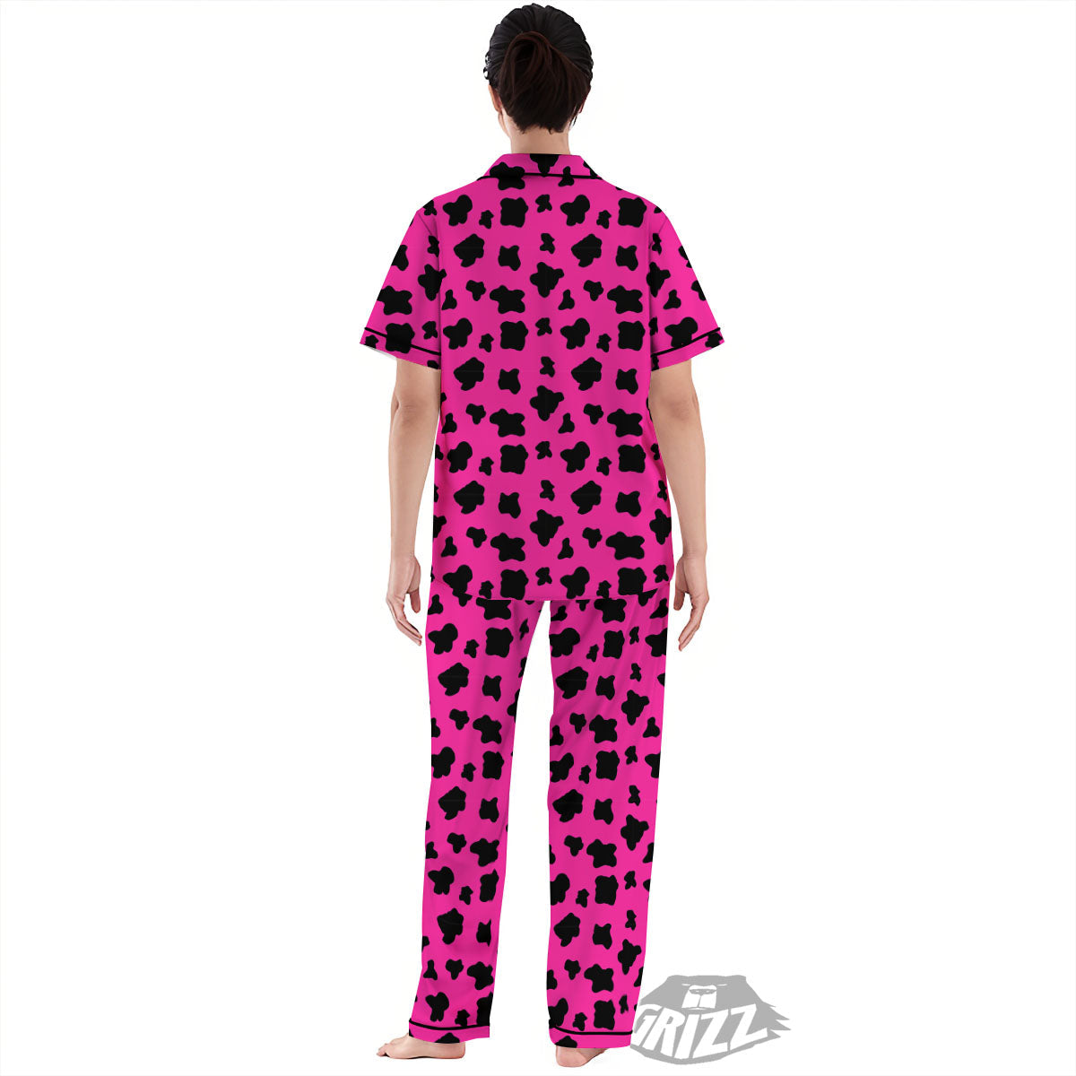 Hot Pink And Black Cow Print Women's Pajamas Set-grizzshop