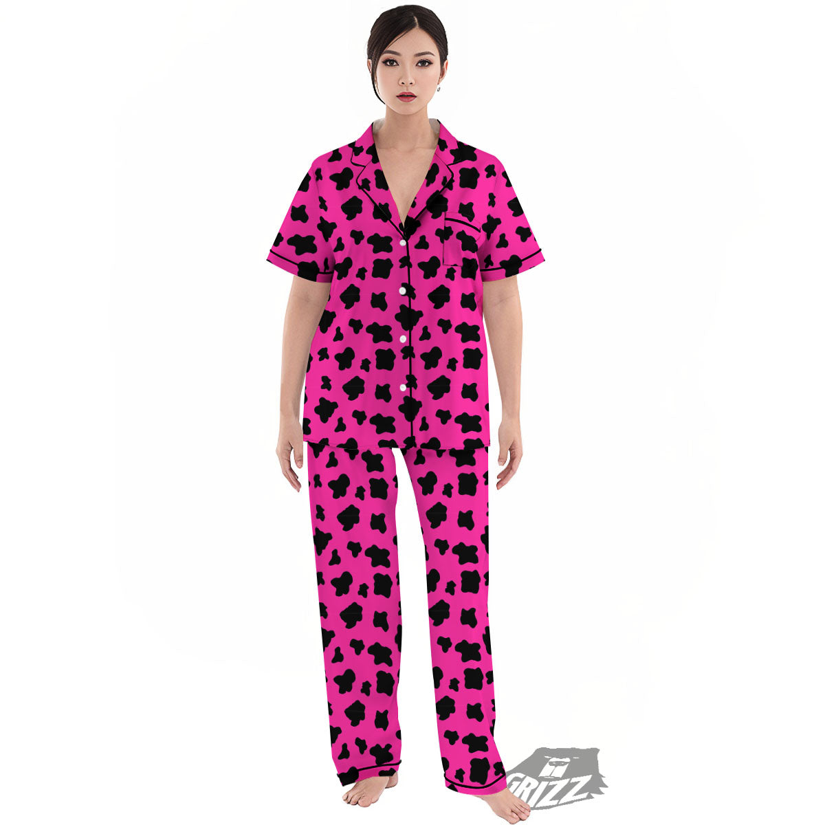 Hot Pink And Black Cow Print Women's Pajamas Set-grizzshop