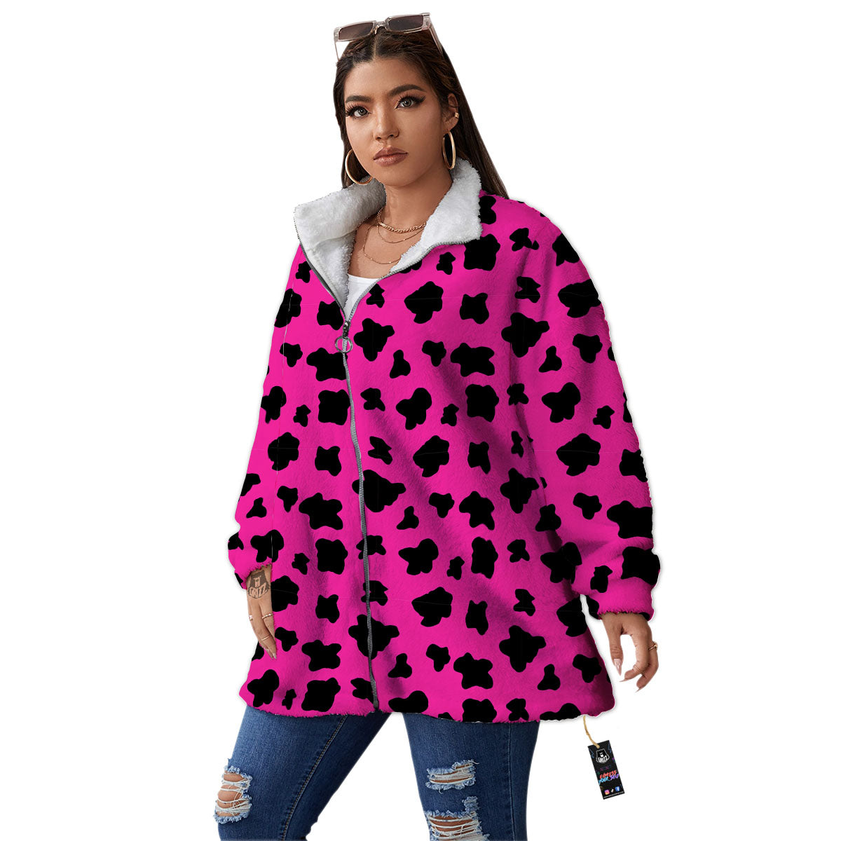 Hot Pink And Black Cow Print Women's Sherpa Jacket-grizzshop