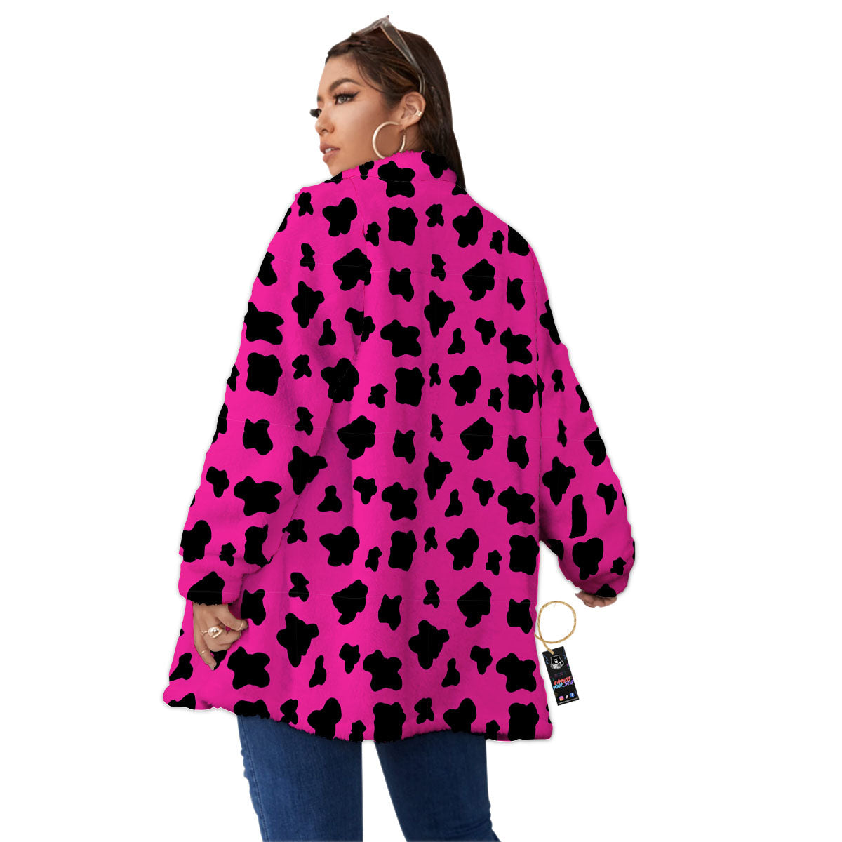 Hot Pink And Black Cow Print Women's Sherpa Jacket-grizzshop